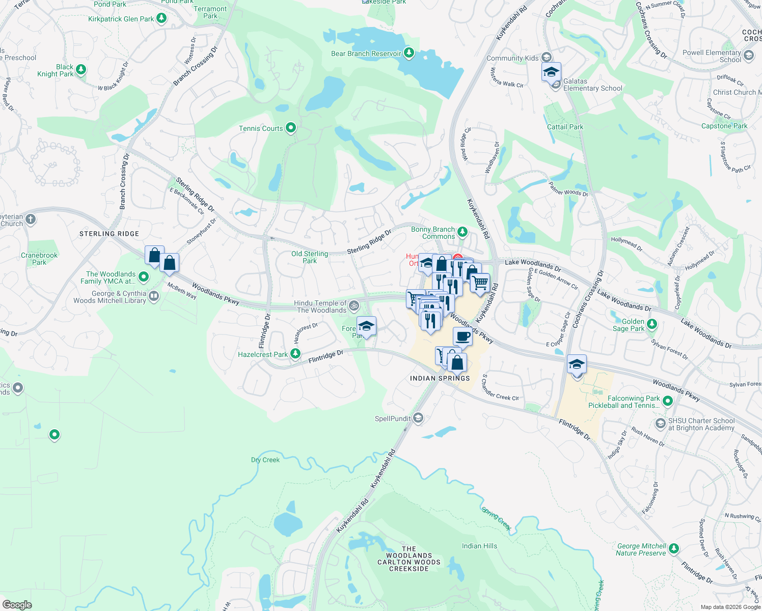 map of restaurants, bars, coffee shops, grocery stores, and more near 26 Brywood Place in Spring