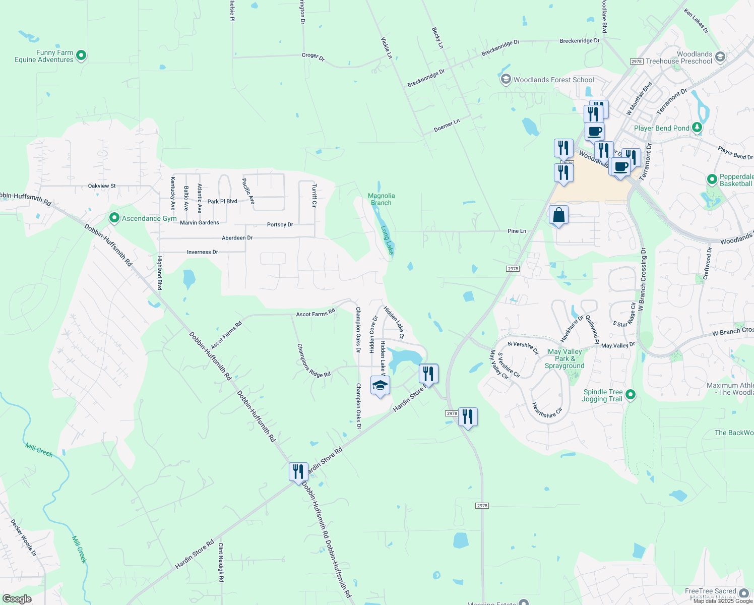map of restaurants, bars, coffee shops, grocery stores, and more near 29107 Hidden Lake Court in Magnolia