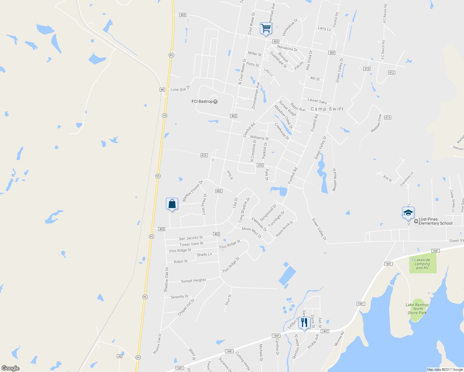 map of restaurants, bars, coffee shops, grocery stores, and more near 127 King Street in Bastrop