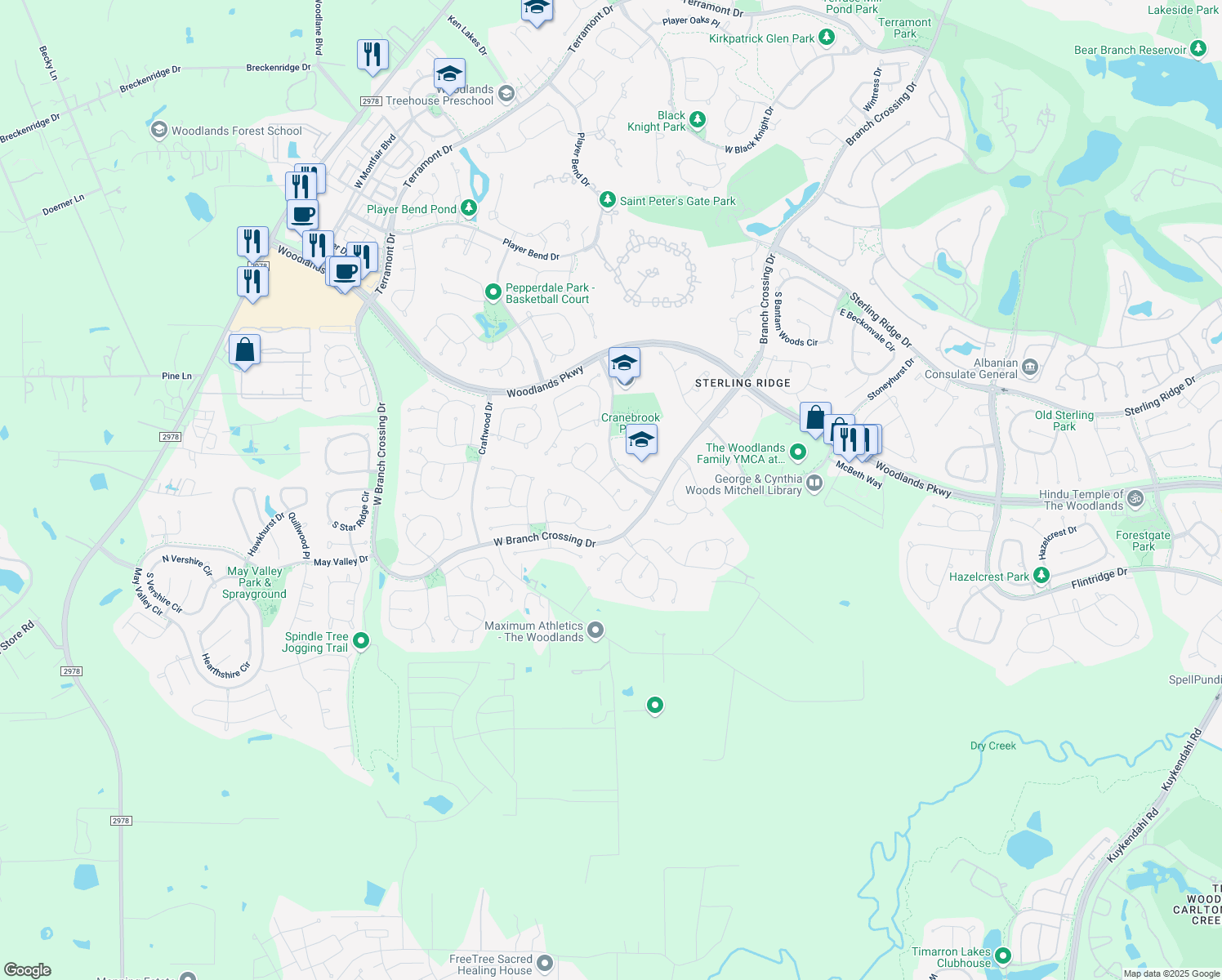 map of restaurants, bars, coffee shops, grocery stores, and more near 3 Beauty Bower Place in The Woodlands
