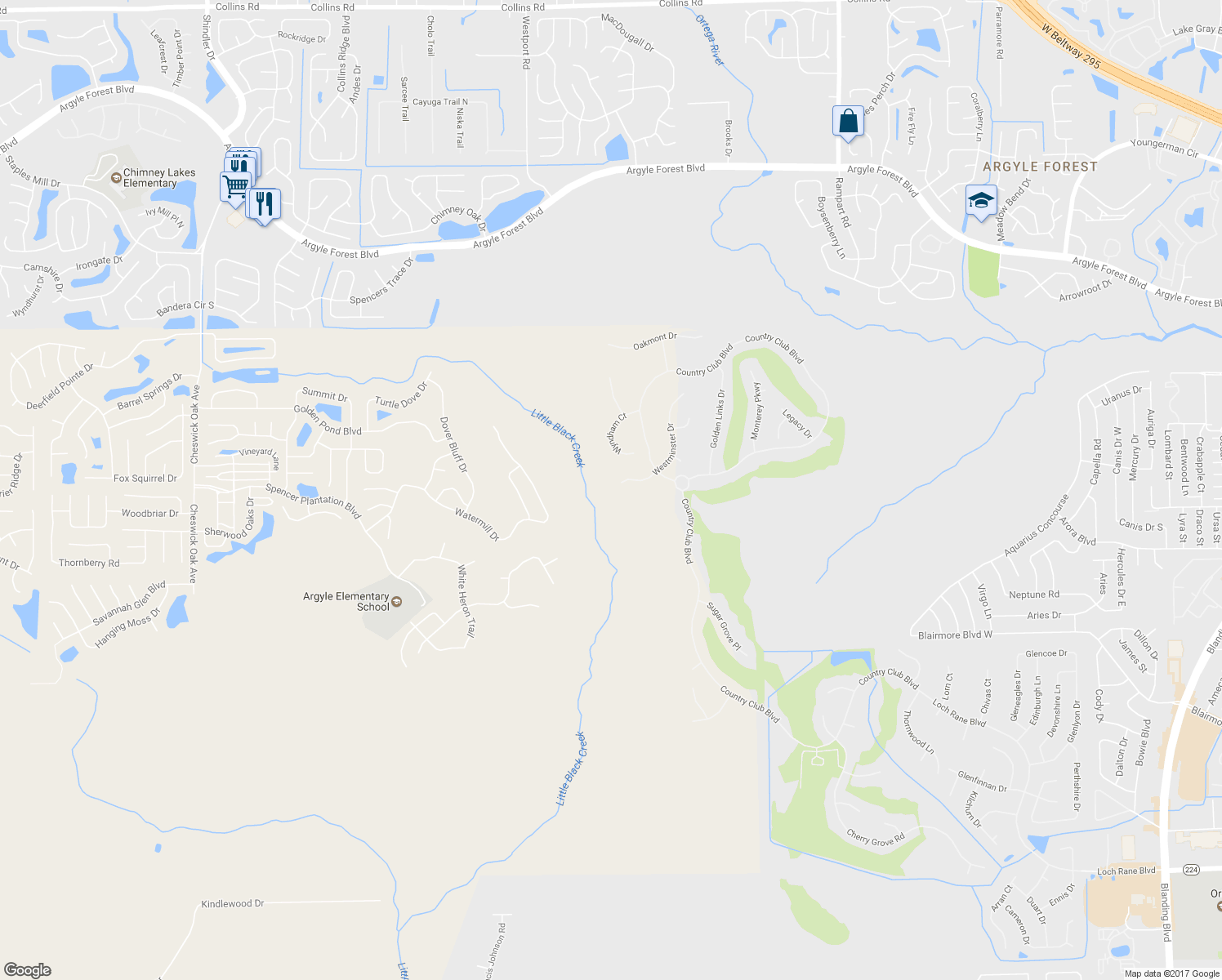 map of restaurants, bars, coffee shops, grocery stores, and more near 839 Westminster Drive in Orange Park