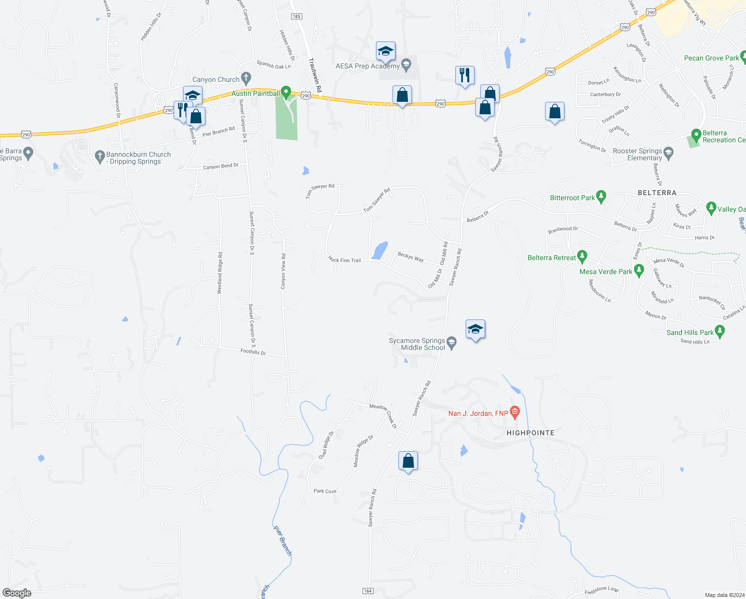 map of restaurants, bars, coffee shops, grocery stores, and more near 14440 Sawyer Ranch Road in Dripping Springs