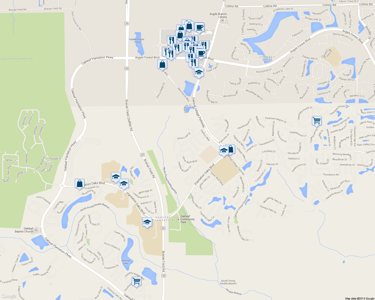 map of restaurants, bars, coffee shops, grocery stores, and more near 4061 Pebble Brooke Circle South in Orange Park
