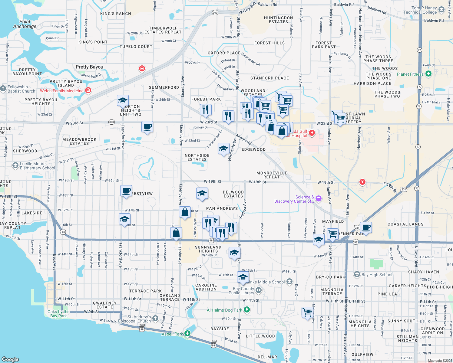 map of restaurants, bars, coffee shops, grocery stores, and more near 1025-1027 19th Street in Panama City