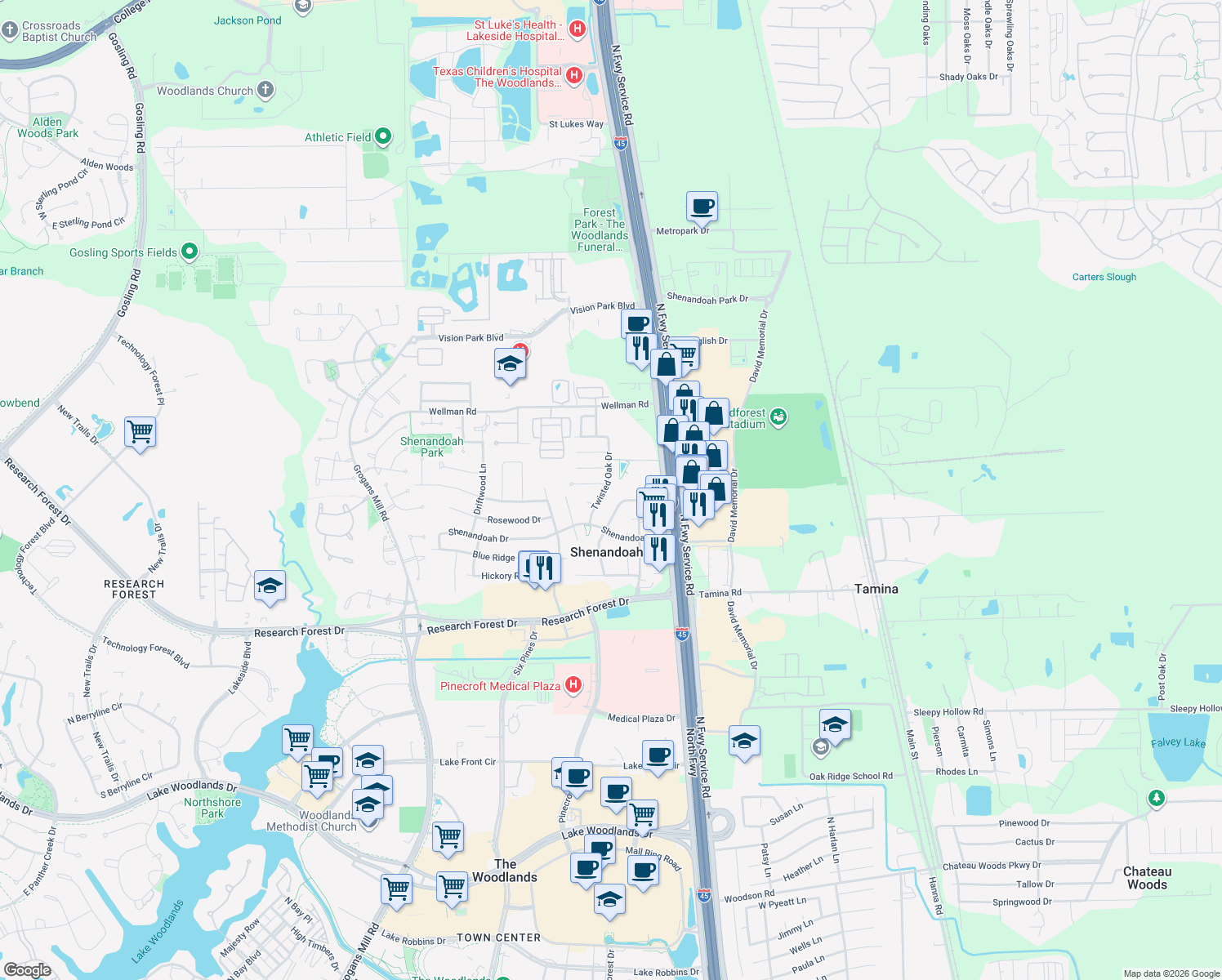 map of restaurants, bars, coffee shops, grocery stores, and more near 28930 Twisted Oak Drive in Shenandoah