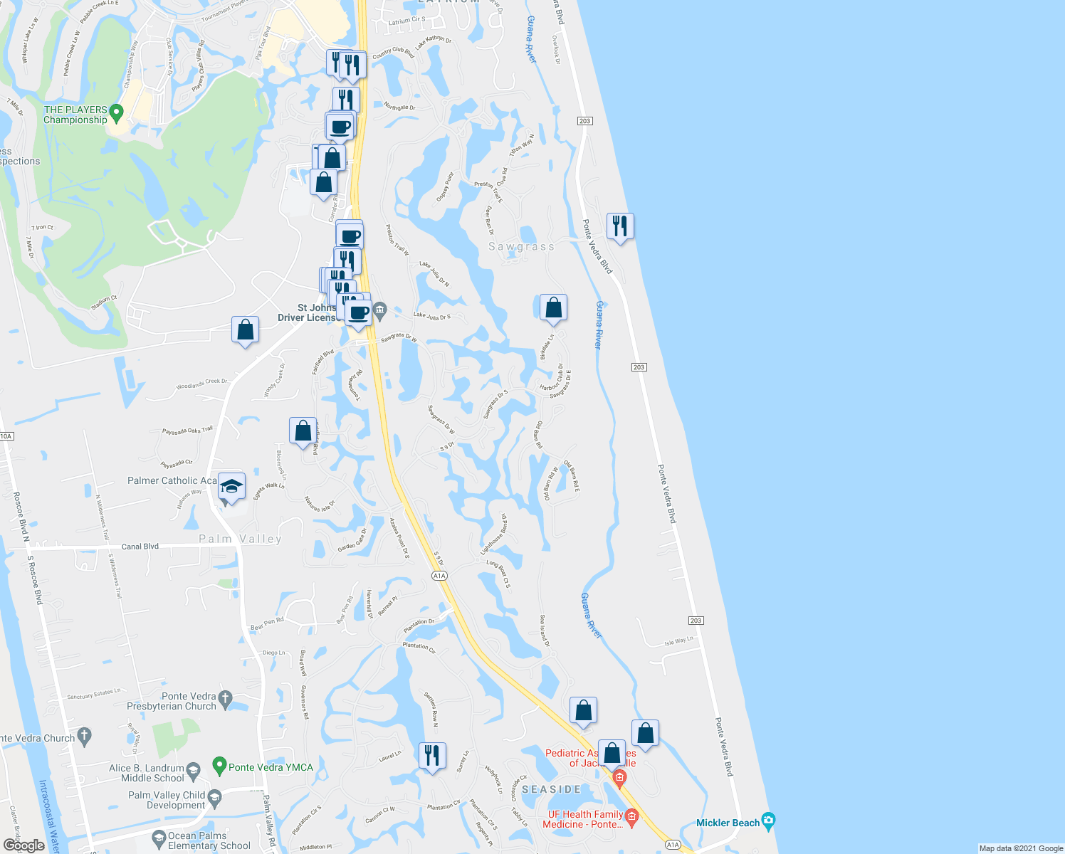 map of restaurants, bars, coffee shops, grocery stores, and more near 2190 Old Barn Rd in Sawgrass