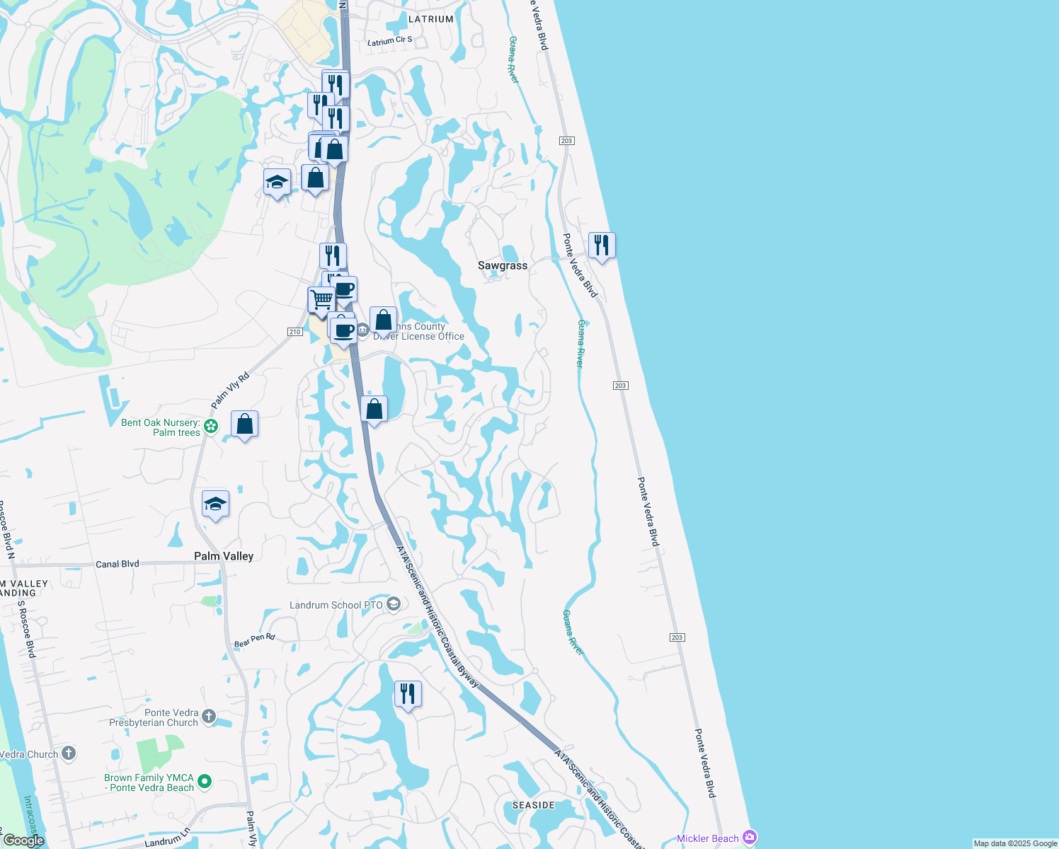 map of restaurants, bars, coffee shops, grocery stores, and more near 2030 Oak Hammock Drive in Ponte Vedra Beach