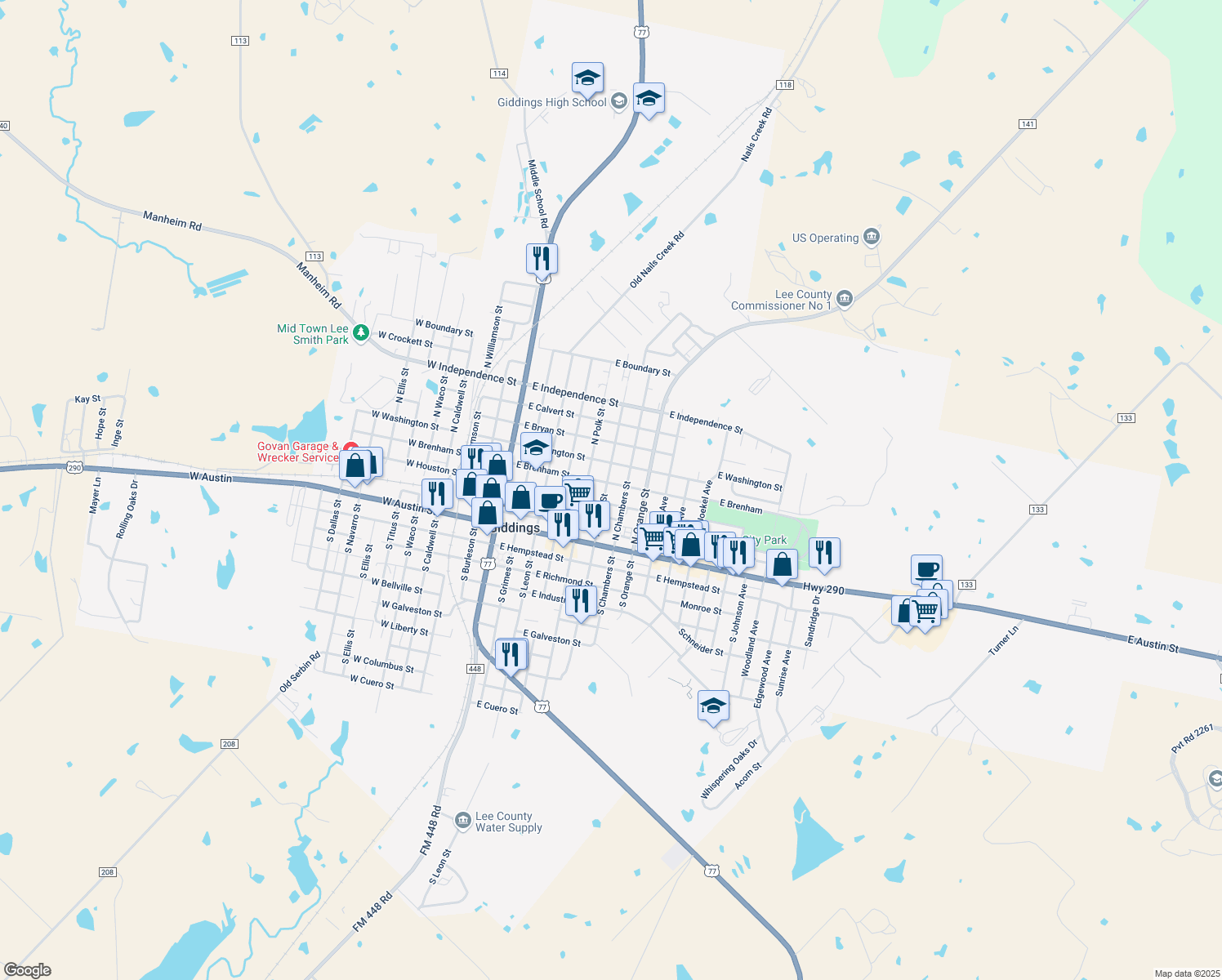 map of restaurants, bars, coffee shops, grocery stores, and more near 382 North Harris Street in Giddings