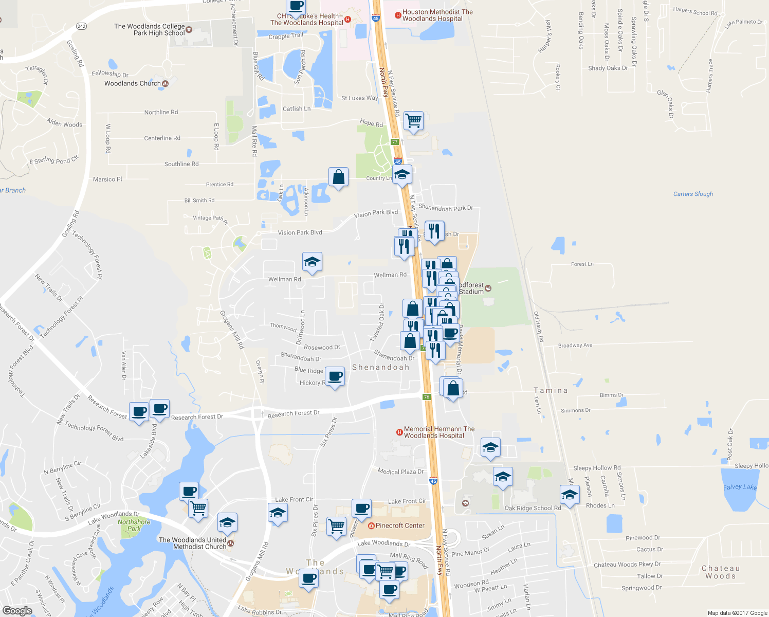 map of restaurants, bars, coffee shops, grocery stores, and more near 28962 Twisted Oak Drive in Shenandoah