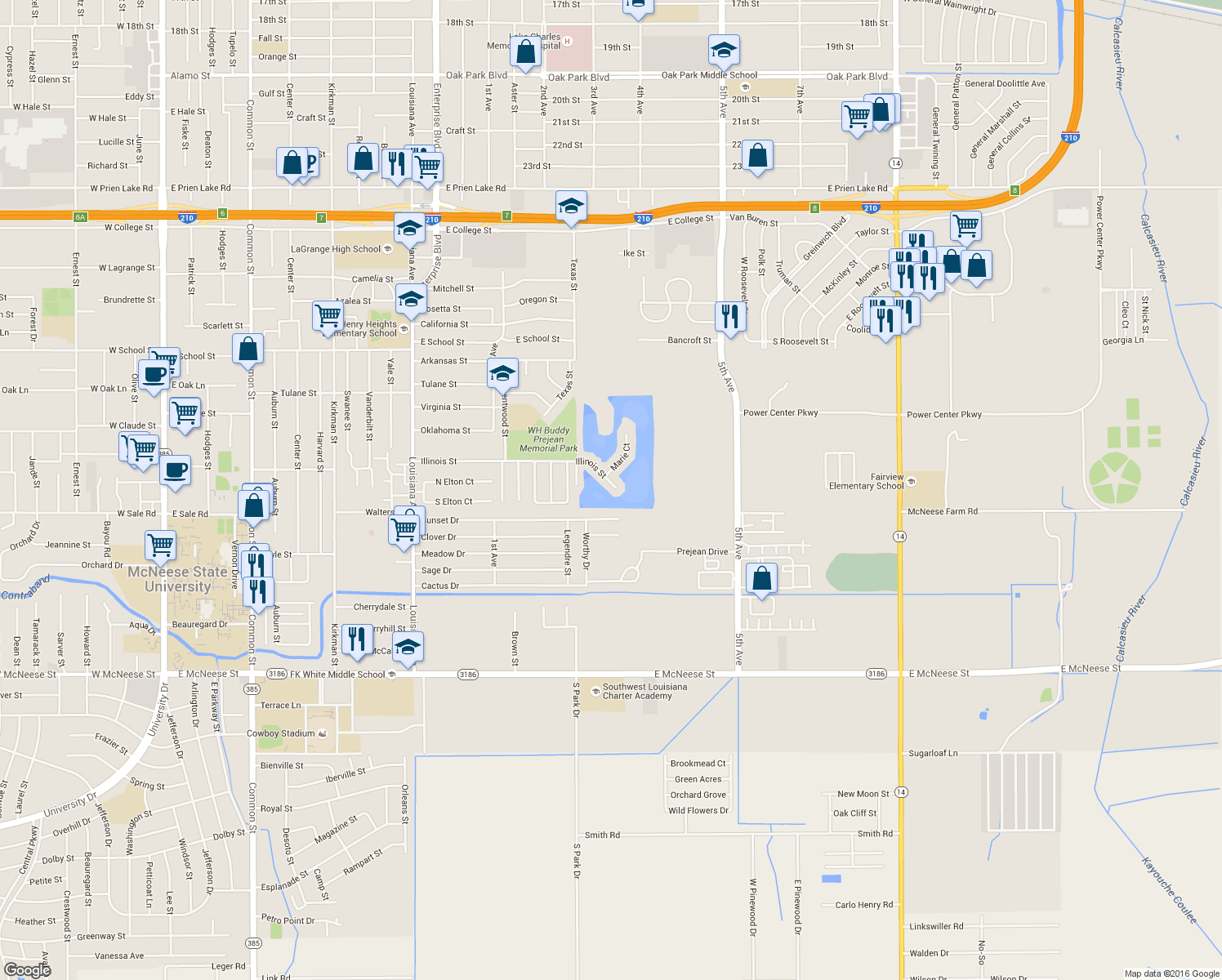 map of restaurants, bars, coffee shops, grocery stores, and more near 1736 Illinois St in Lake Charles