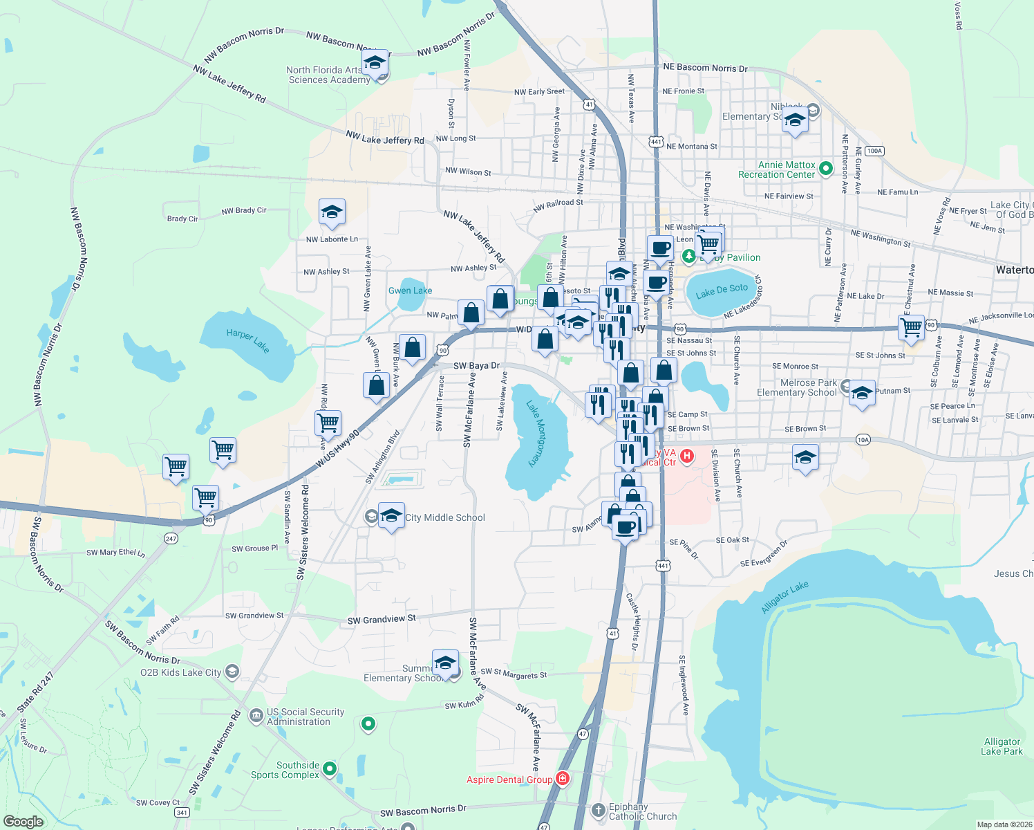 map of restaurants, bars, coffee shops, grocery stores, and more near 419 Southwest Lakeview Avenue in Lake City