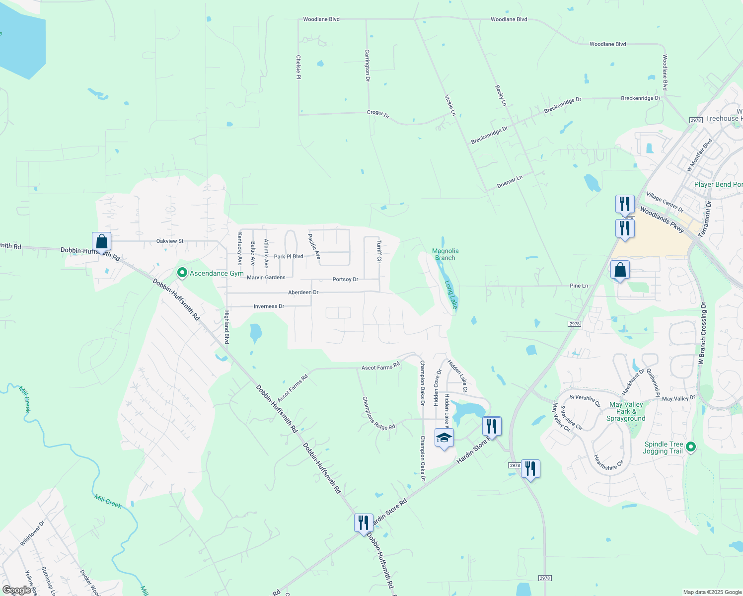 map of restaurants, bars, coffee shops, grocery stores, and more near 28907 Aberdeen Drive in Magnolia