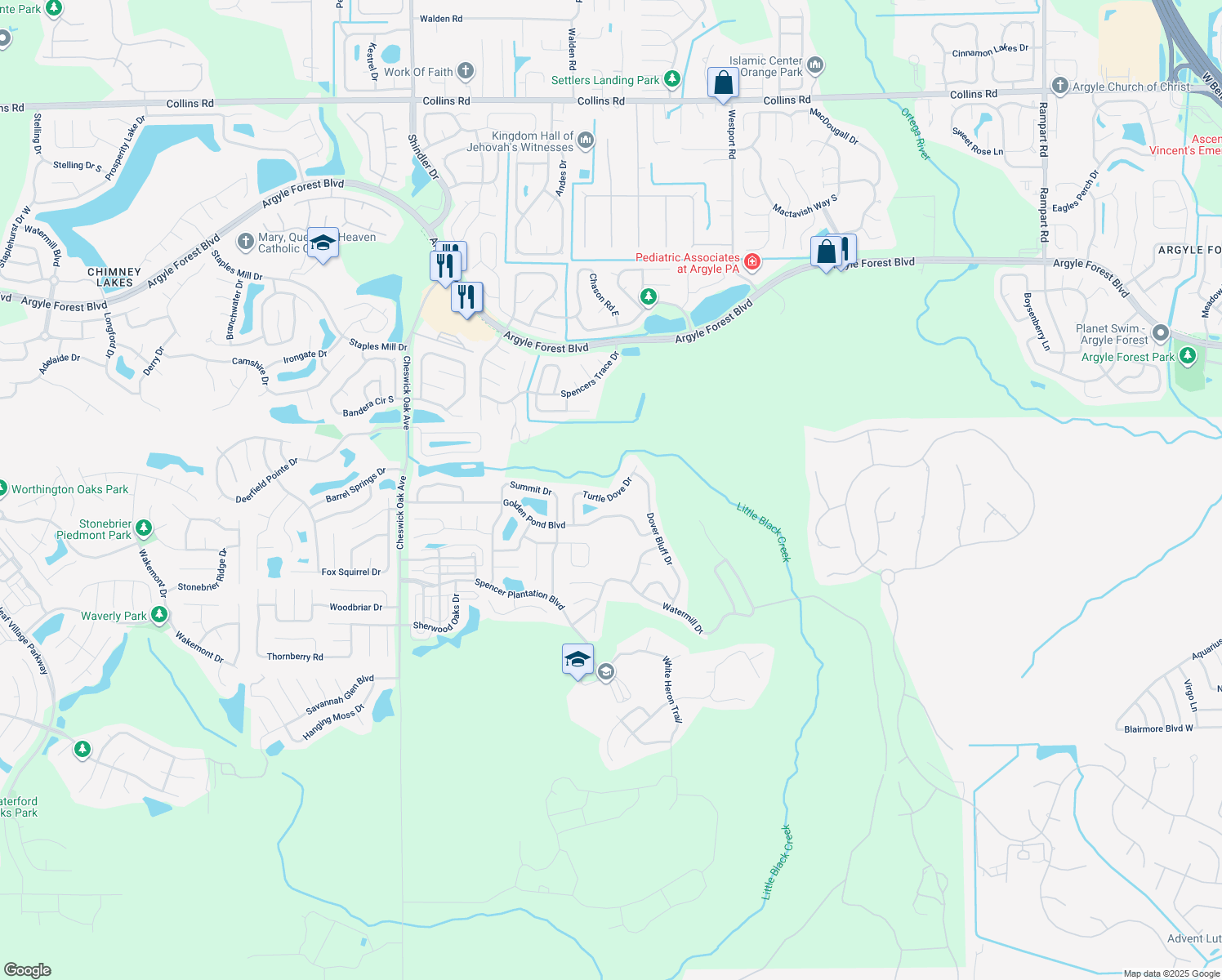 map of restaurants, bars, coffee shops, grocery stores, and more near 322 Turtle Dove Drive in Orange Park
