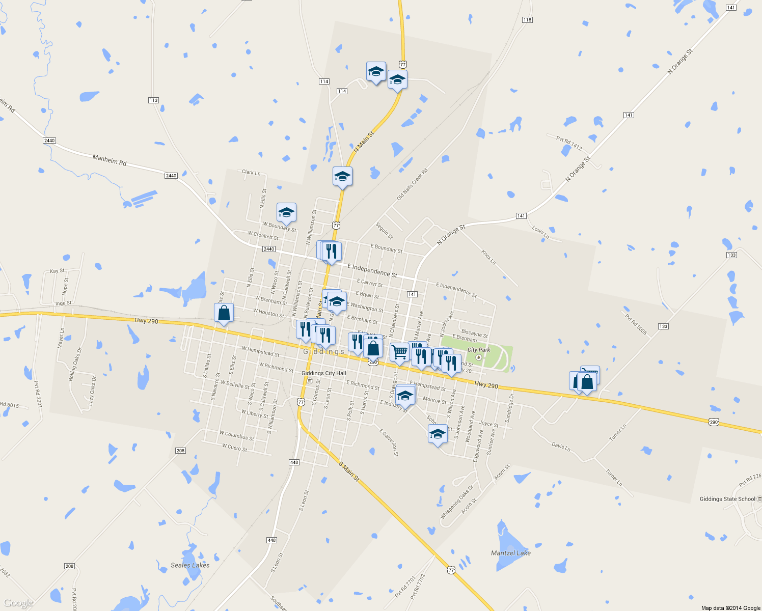 map of restaurants, bars, coffee shops, grocery stores, and more near 547 North Harris Street in Giddings