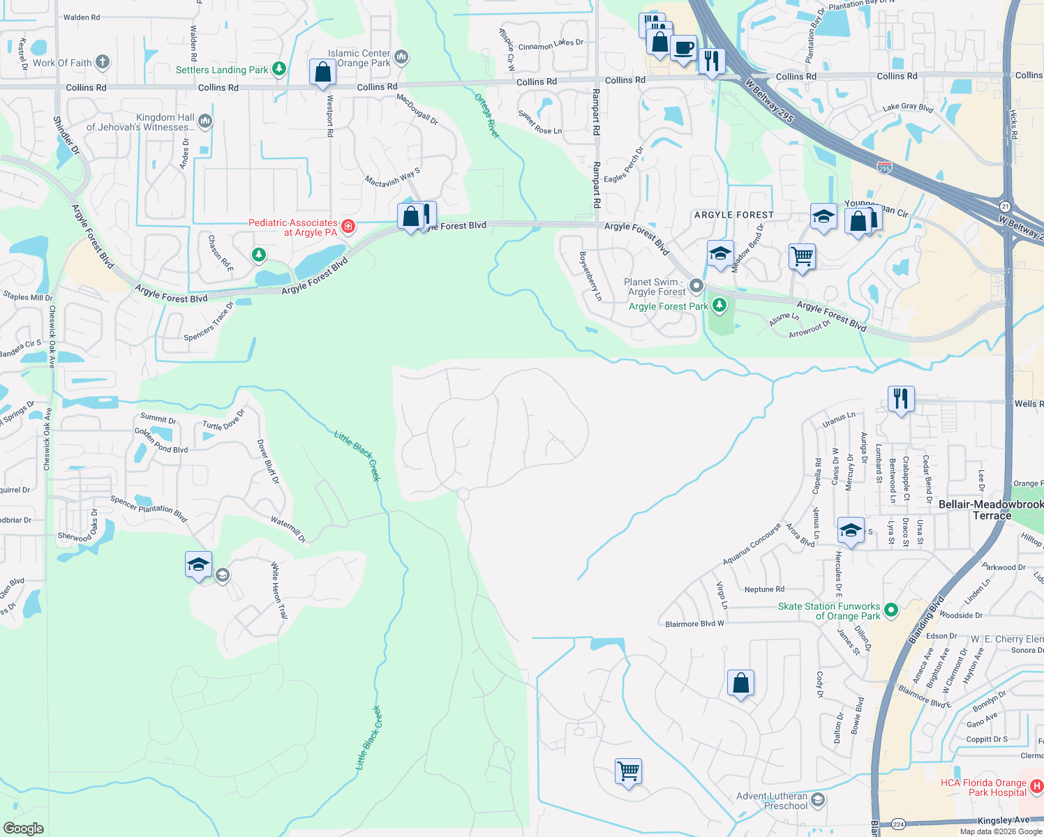 map of restaurants, bars, coffee shops, grocery stores, and more near 462 Monterey Parkway in Orange Park