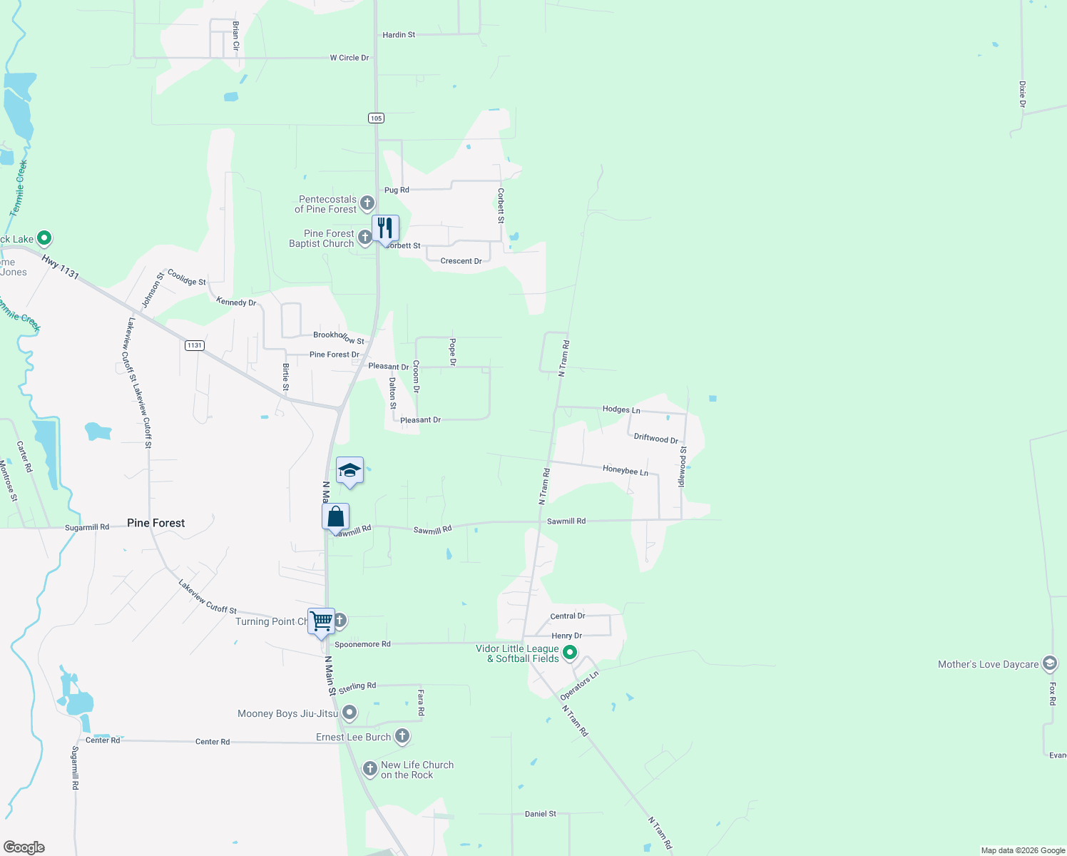 map of restaurants, bars, coffee shops, grocery stores, and more near 4405 North Tram Road in Vidor