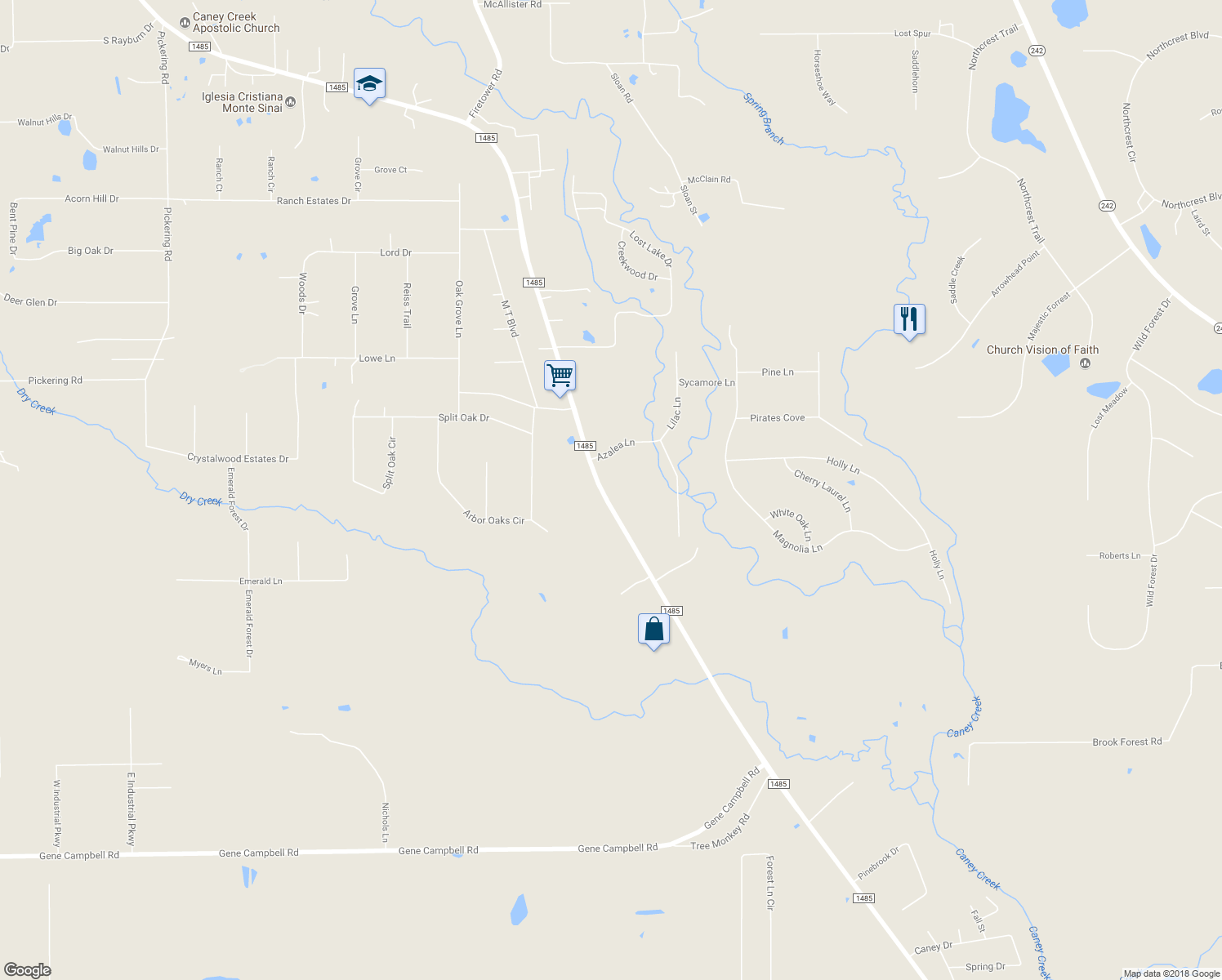 map of restaurants, bars, coffee shops, grocery stores, and more near 18035 Farm to Market 1485 in New Caney
