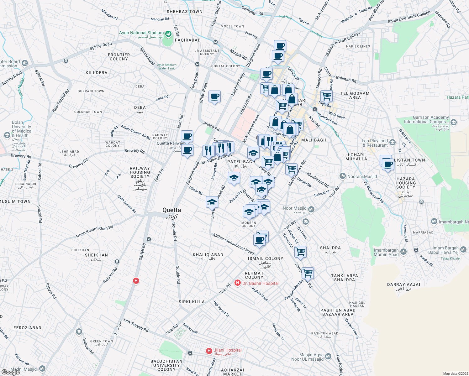 map of restaurants, bars, coffee shops, grocery stores, and more near Kawari Road in Quetta