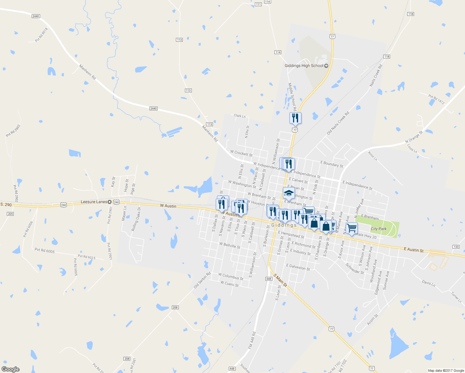 map of restaurants, bars, coffee shops, grocery stores, and more near 440 North Navarro Street in Giddings
