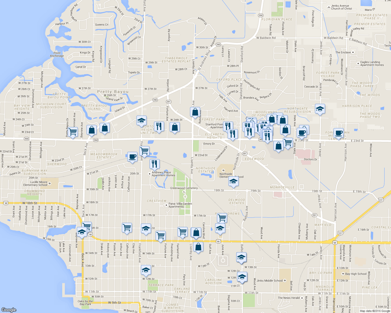 map of restaurants, bars, coffee shops, grocery stores, and more near 1609 West 22nd Street in Panama City