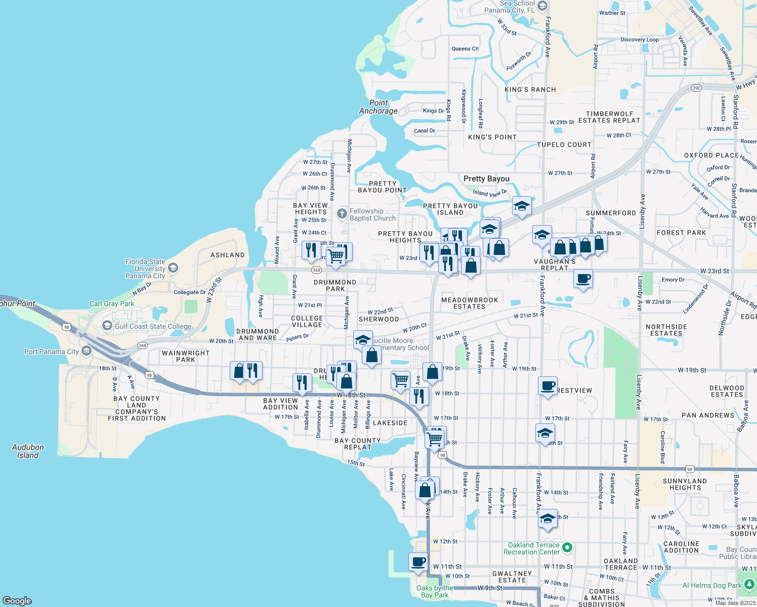 map of restaurants, bars, coffee shops, grocery stores, and more near 2207 Trenton Circle in Panama City