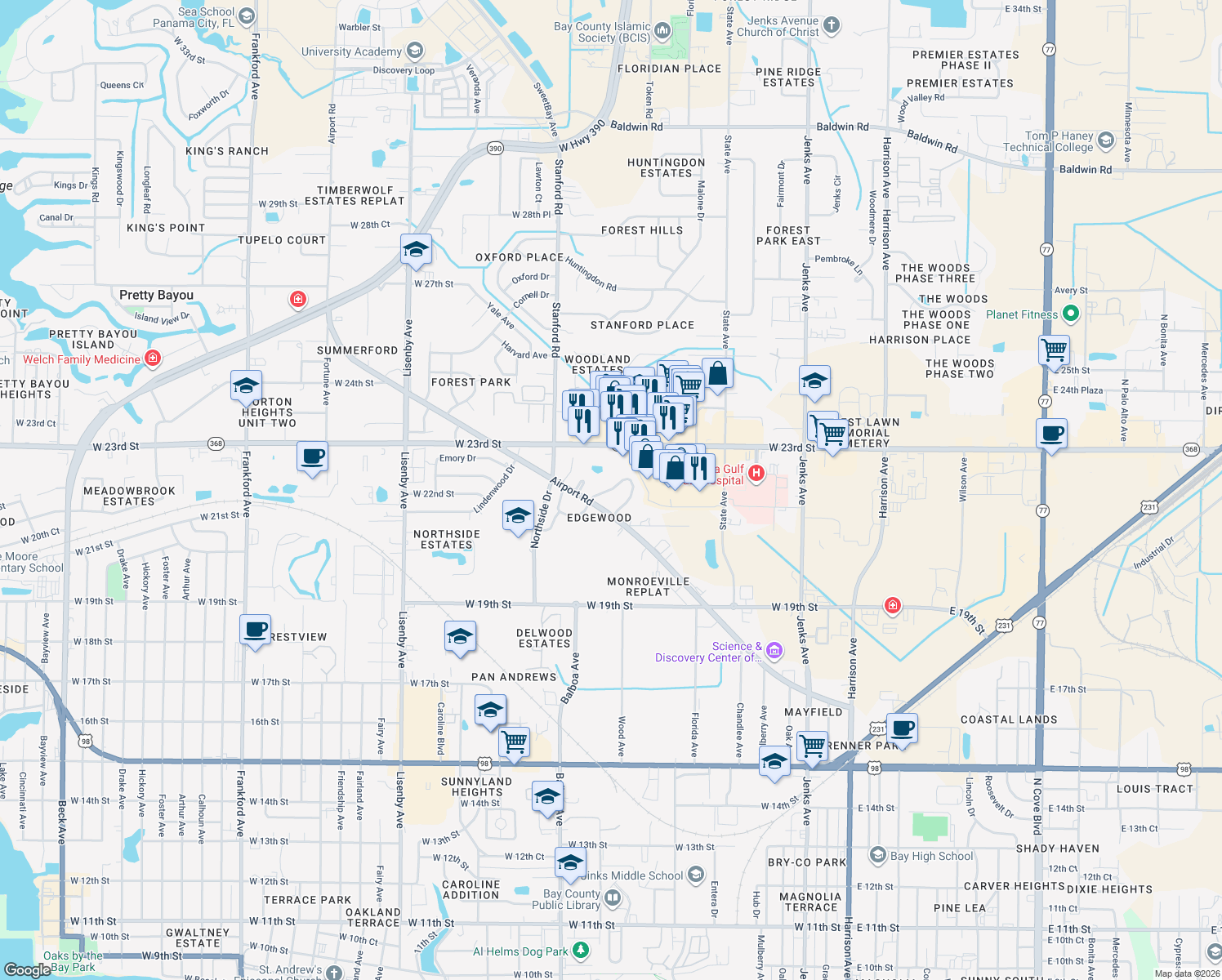 map of restaurants, bars, coffee shops, grocery stores, and more near 2223 Edgewood Drive in Panama City