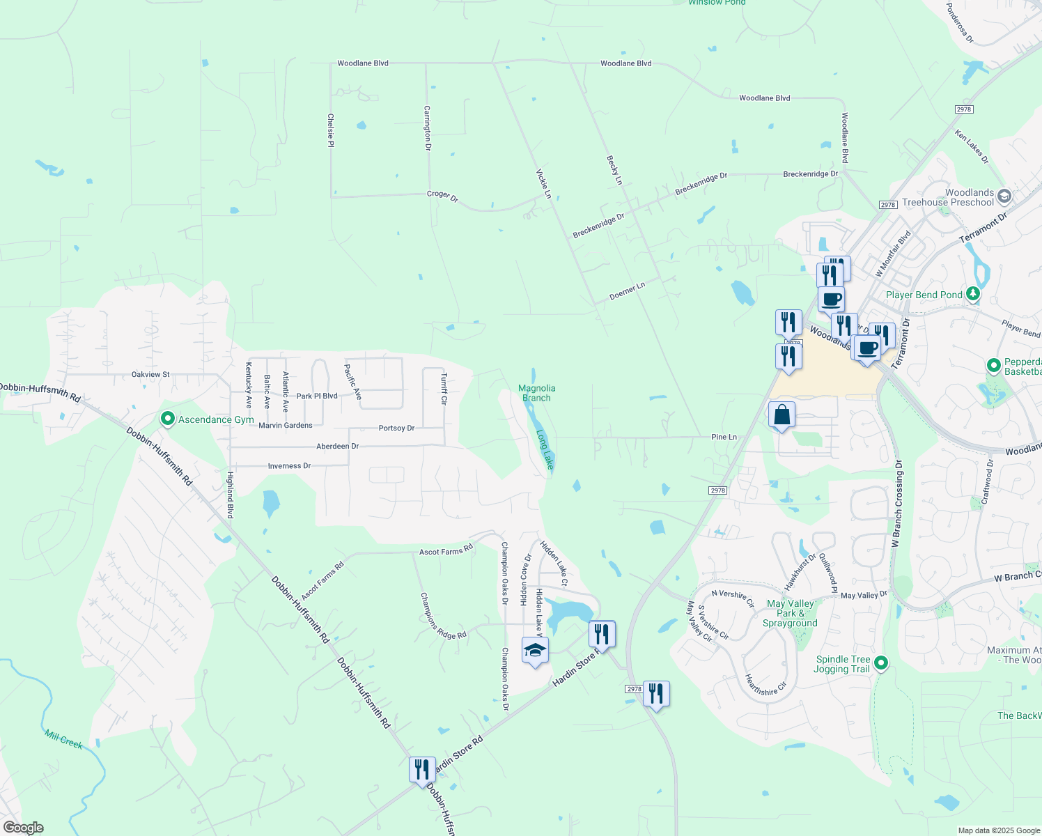 map of restaurants, bars, coffee shops, grocery stores, and more near 30002 Elm Lane in Magnolia