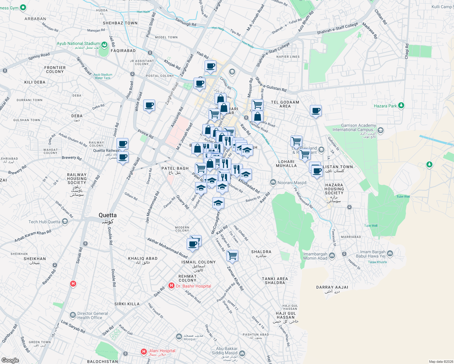 map of restaurants, bars, coffee shops, grocery stores, and more near McConaghey Road in Quetta