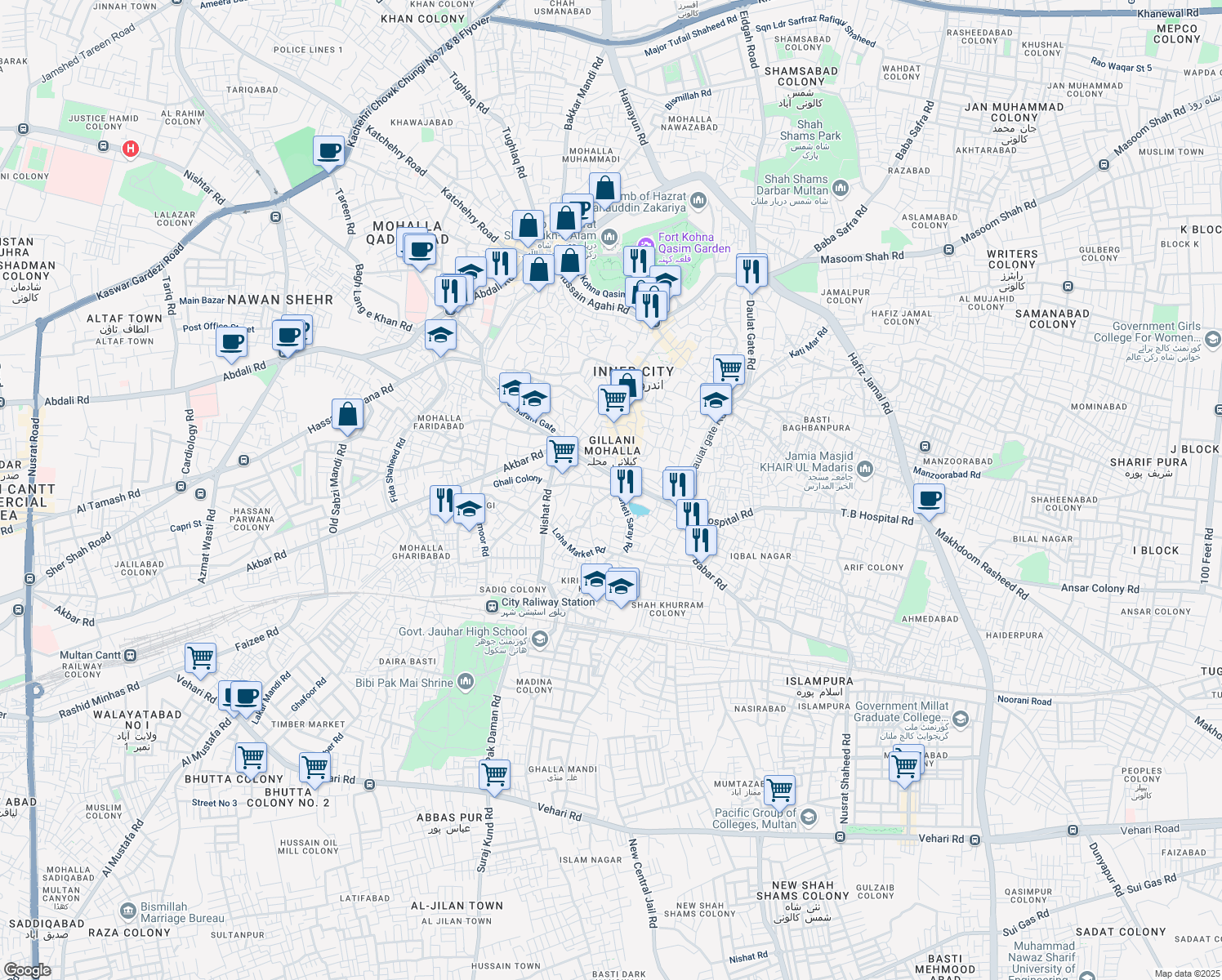 map of restaurants, bars, coffee shops, grocery stores, and more near Alang Khooni Burj in Multan