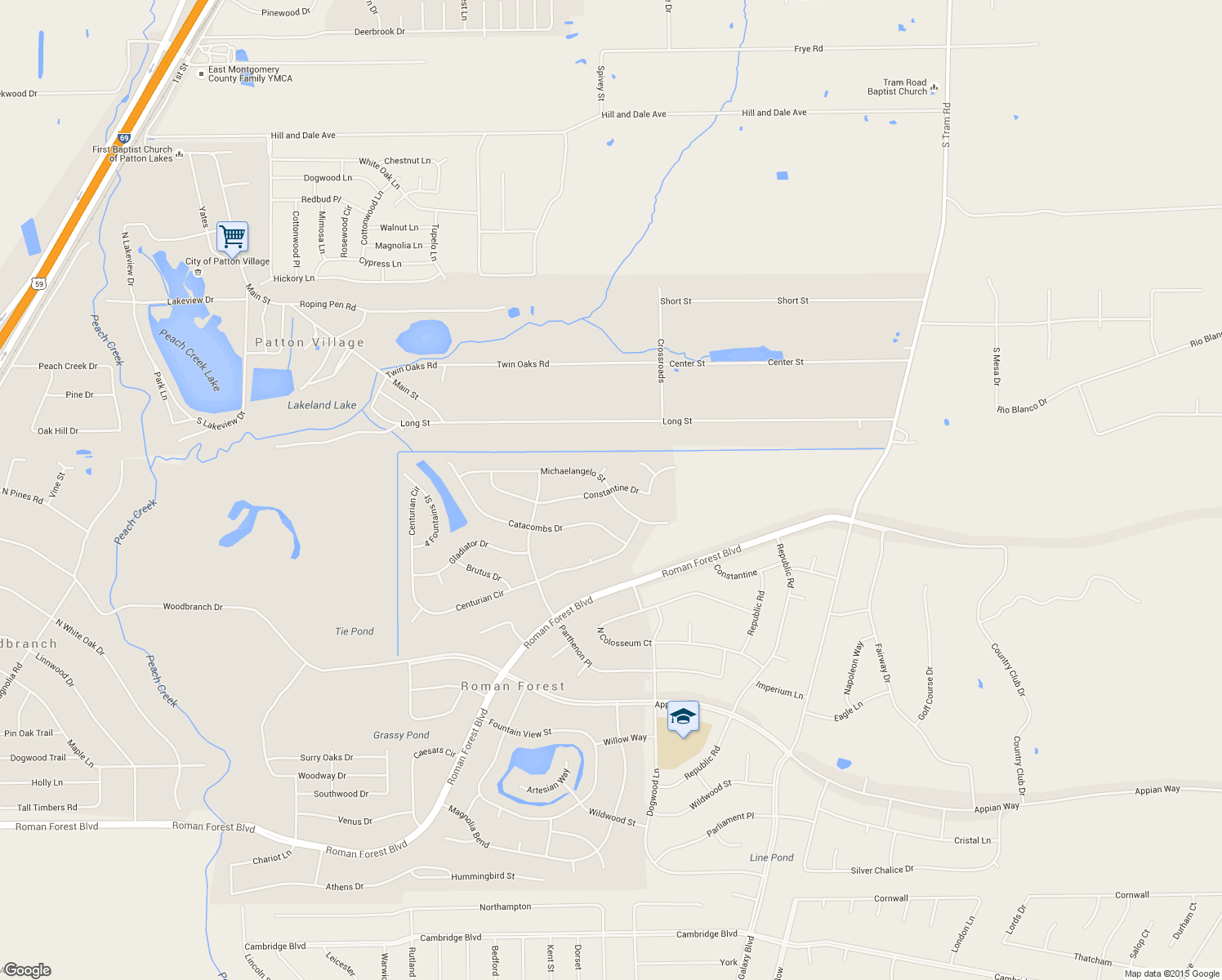 map of restaurants, bars, coffee shops, grocery stores, and more near 2730 Constantine Dr in Roman Forest