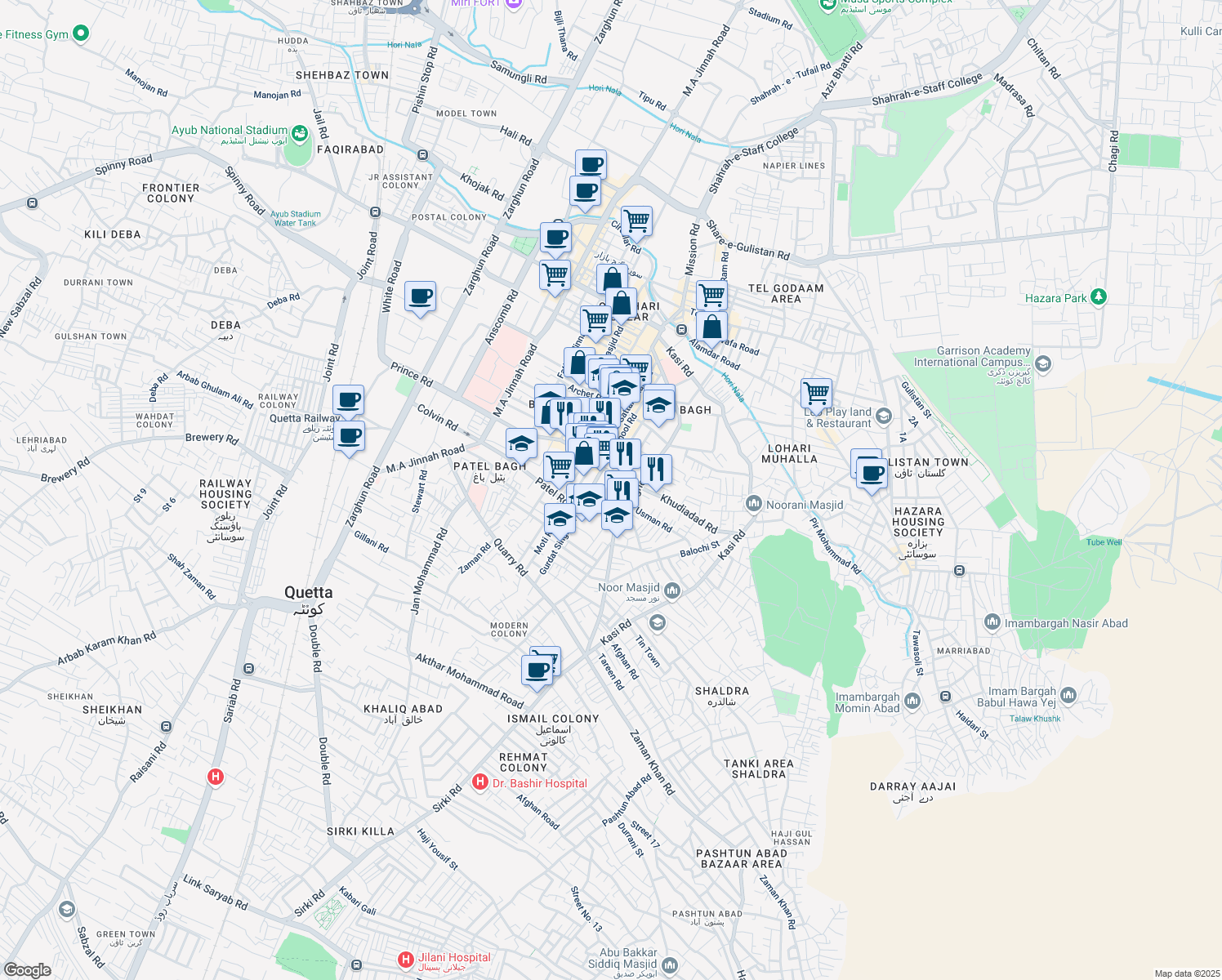 map of restaurants, bars, coffee shops, grocery stores, and more near Gurdat Singh Road in Quetta