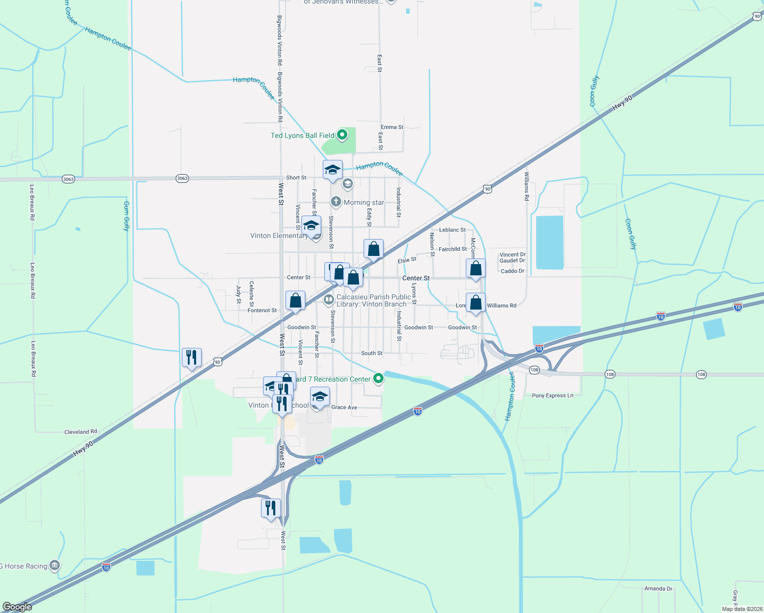 map of restaurants, bars, coffee shops, grocery stores, and more near 1307 Loree St in Vinton