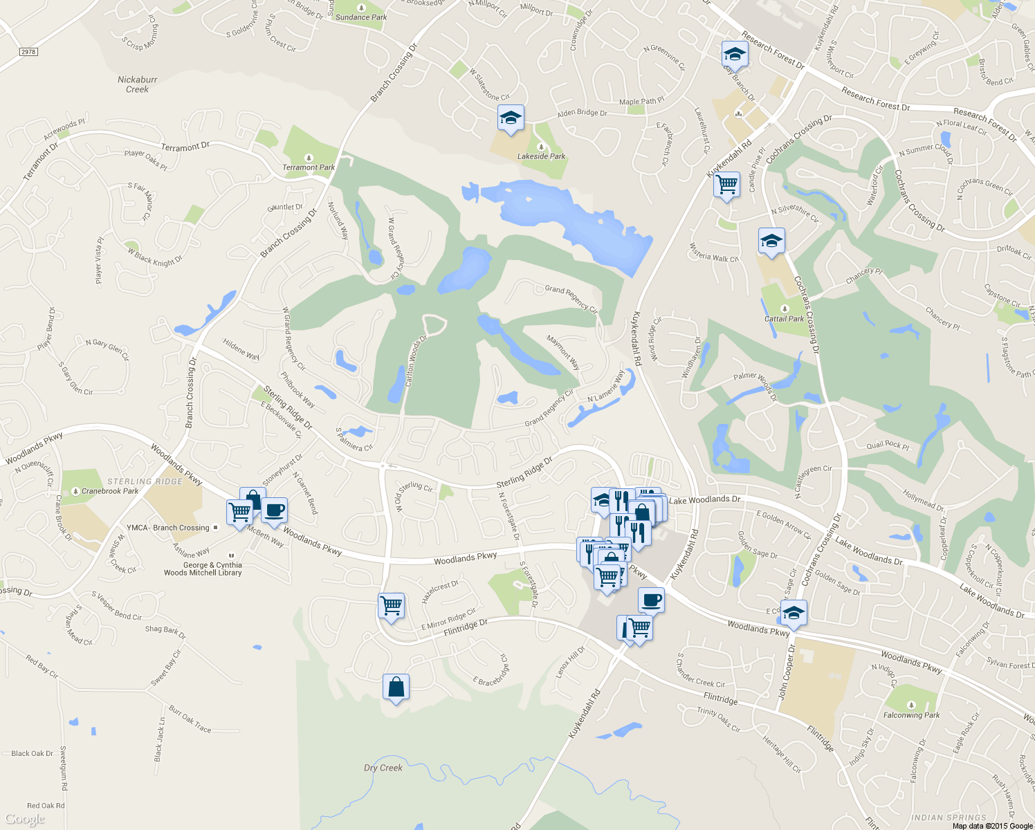 map of restaurants, bars, coffee shops, grocery stores, and more near 19 Villeroy Way in Spring