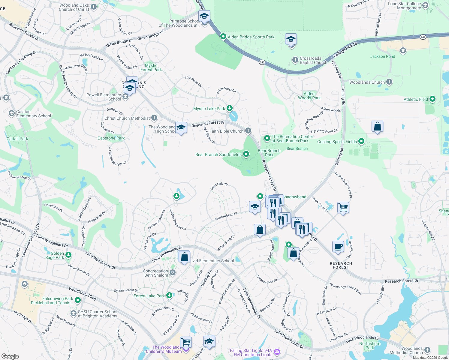 map of restaurants, bars, coffee shops, grocery stores, and more near 6 Quiet Oak Drive in Spring