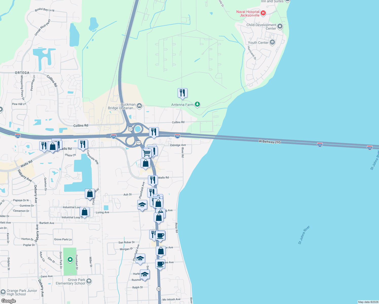 map of restaurants, bars, coffee shops, grocery stores, and more near 76 Judson Circle in Orange Park