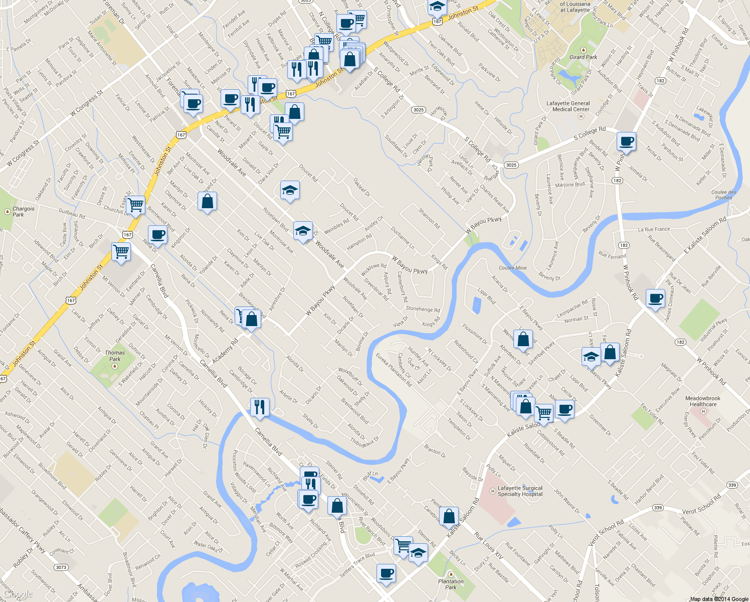 map of restaurants, bars, coffee shops, grocery stores, and more near 805 Woodvale Ave in Lafayette