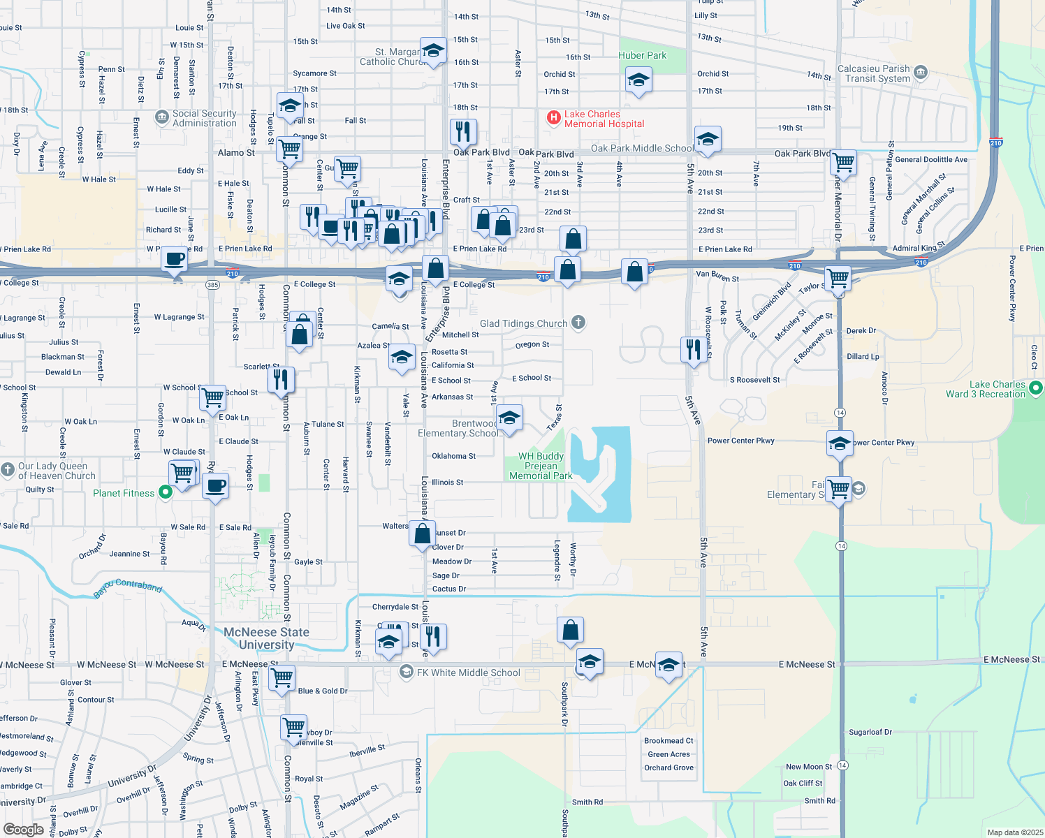 map of restaurants, bars, coffee shops, grocery stores, and more near 1435 Tennessee St in Lake Charles