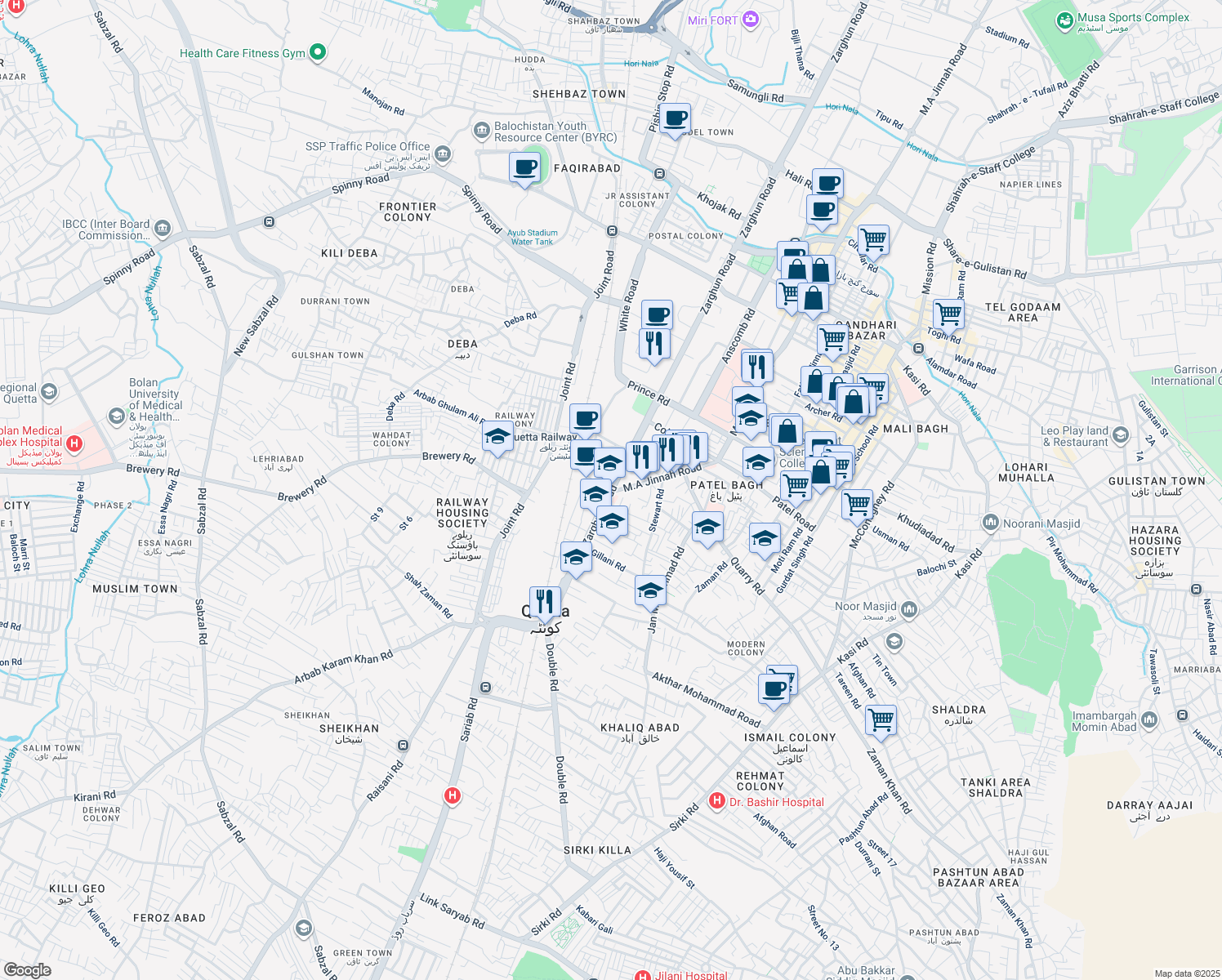 map of restaurants, bars, coffee shops, grocery stores, and more near Zarghun Road in Quetta