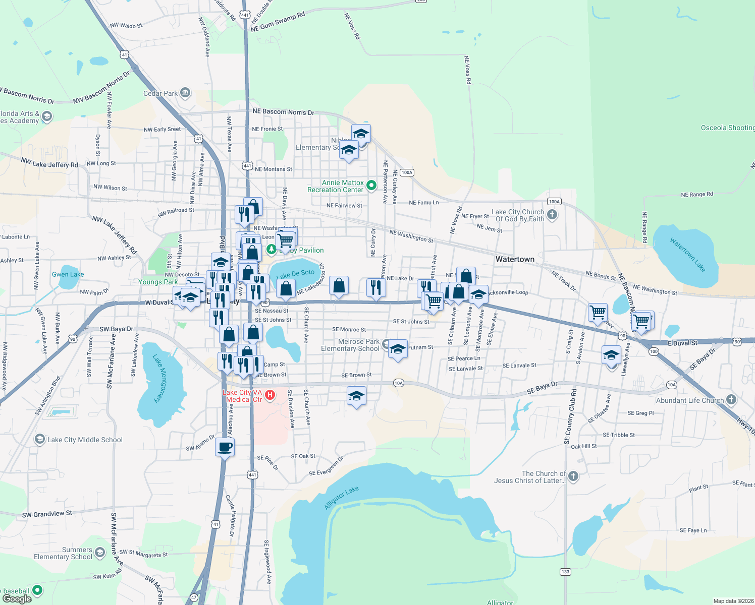 map of restaurants, bars, coffee shops, grocery stores, and more near 1398 E Duval St in Lake City