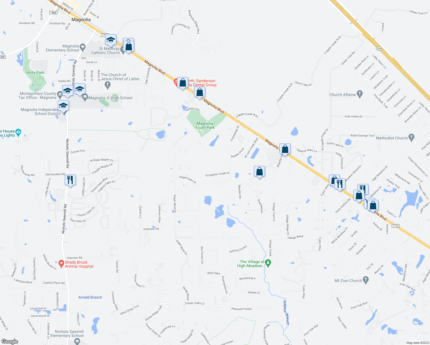 map of restaurants, bars, coffee shops, grocery stores, and more near 30515 North Sulphur Creek Drive in Magnolia