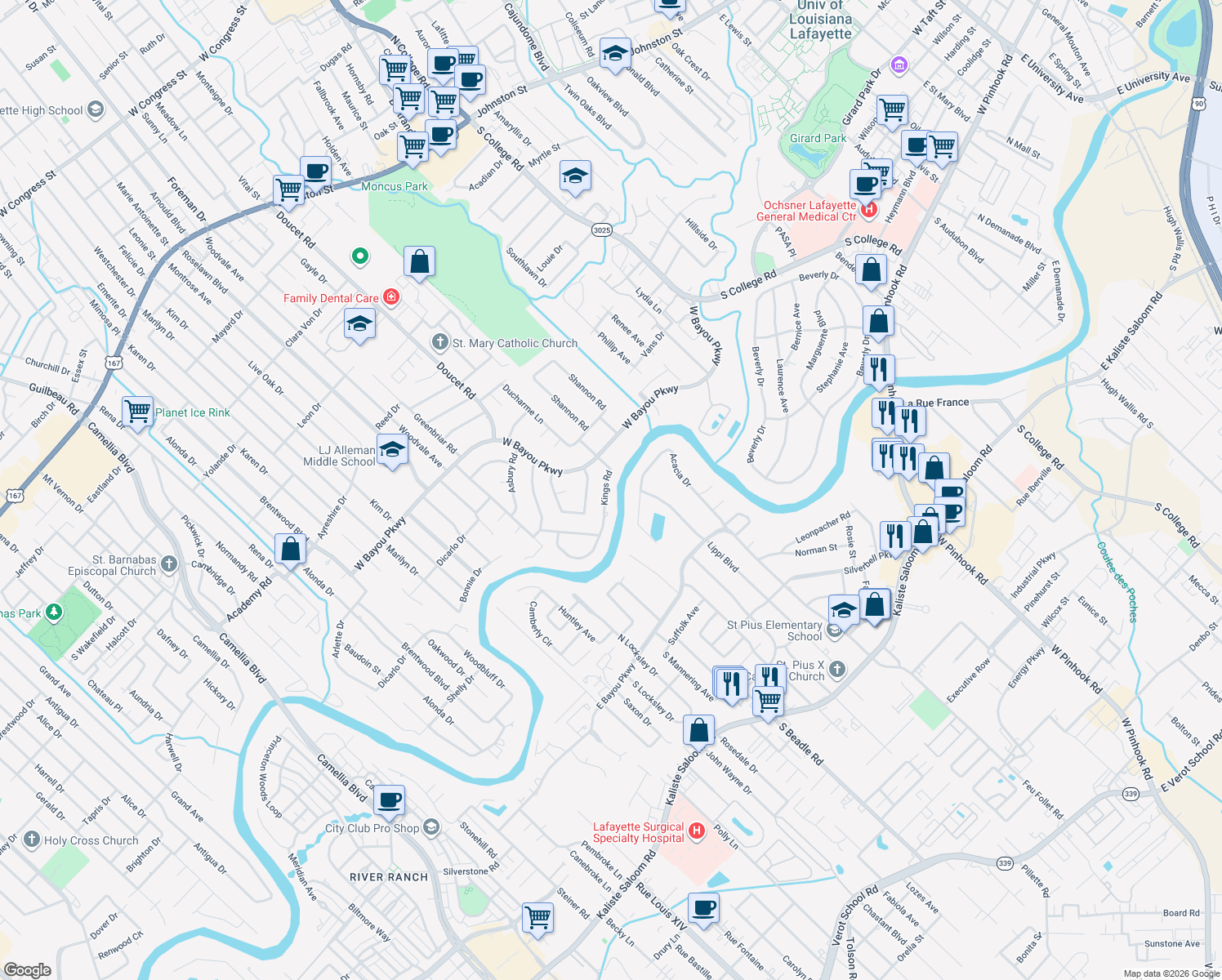 map of restaurants, bars, coffee shops, grocery stores, and more near 211 Kings Road in Lafayette