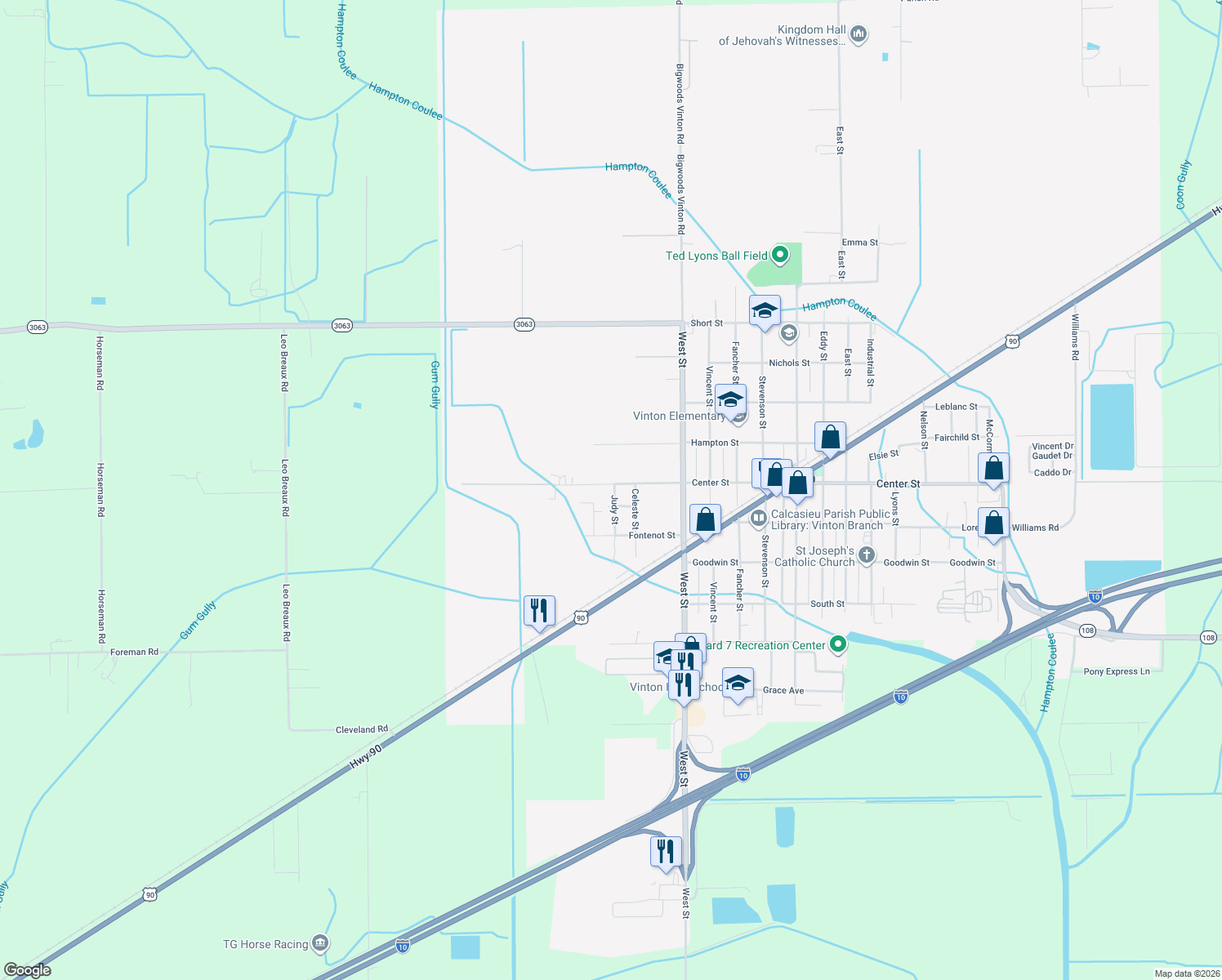 map of restaurants, bars, coffee shops, grocery stores, and more near 1302 Judy St in Vinton