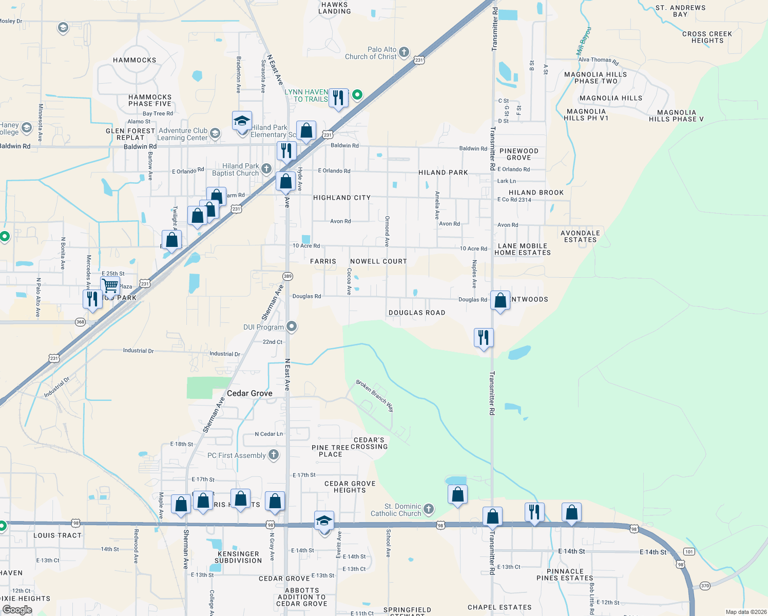 map of restaurants, bars, coffee shops, grocery stores, and more near 2325 Ormond Avenue in Panama City