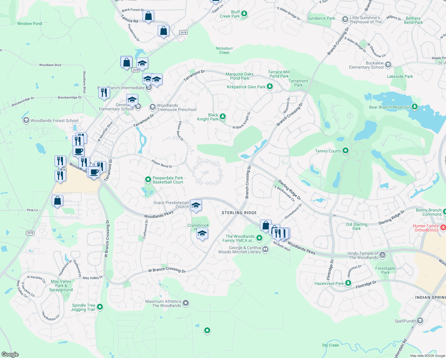 map of restaurants, bars, coffee shops, grocery stores, and more near 46 N Gary Glen Cir in Spring