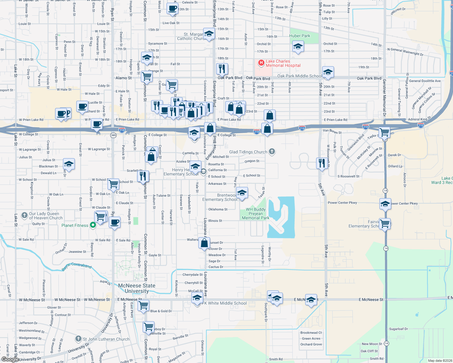 map of restaurants, bars, coffee shops, grocery stores, and more near 1305 Arkansas St in Lake Charles