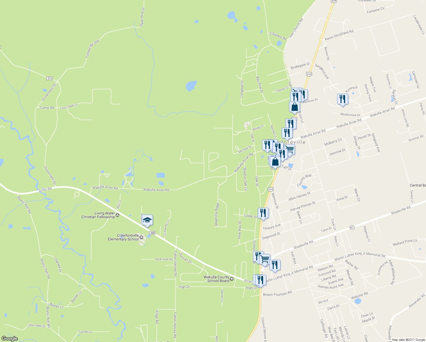 map of restaurants, bars, coffee shops, grocery stores, and more near 65 Savannah Forest Circle in Crawfordville