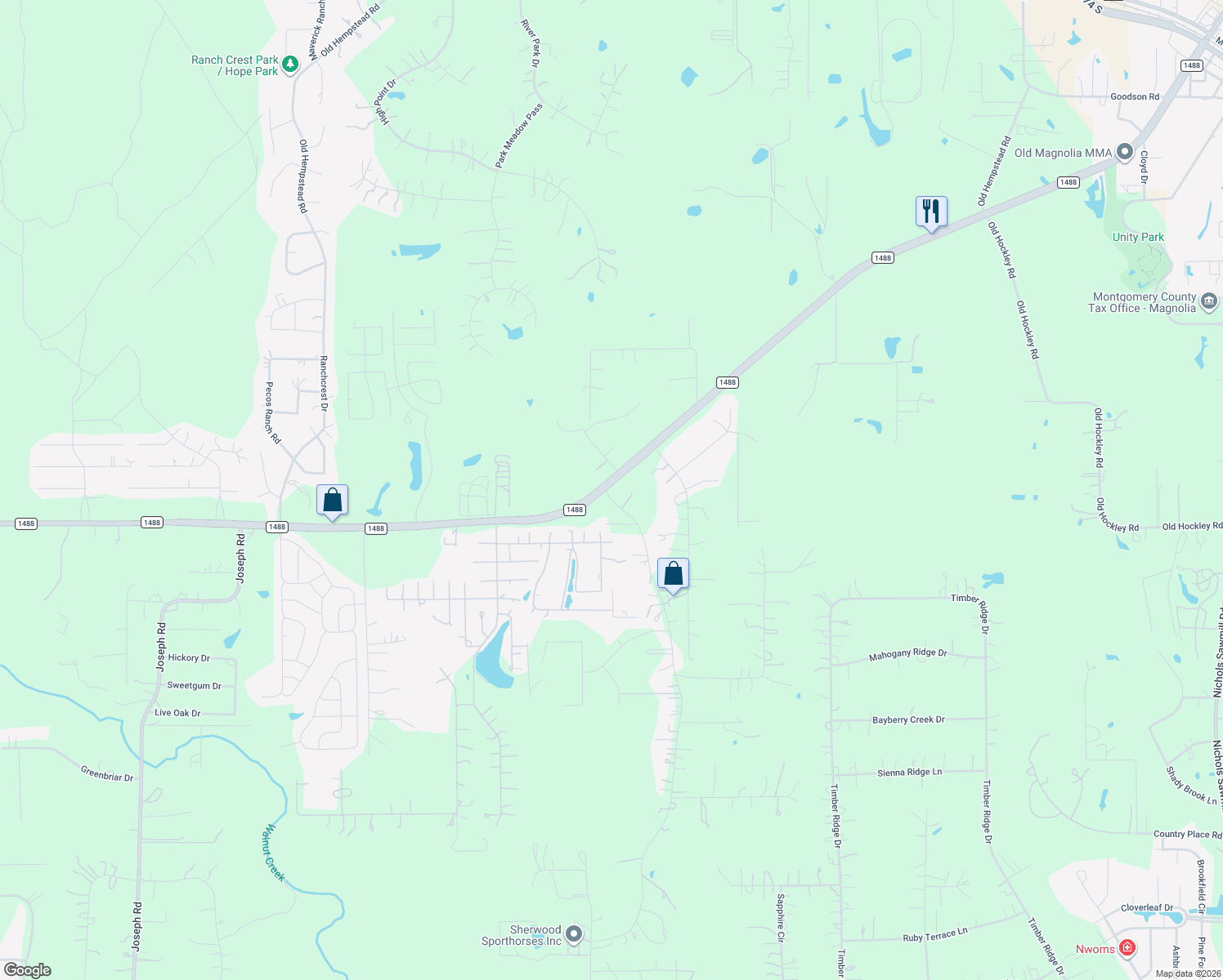 map of restaurants, bars, coffee shops, grocery stores, and more near 19143 Alford Road in Magnolia