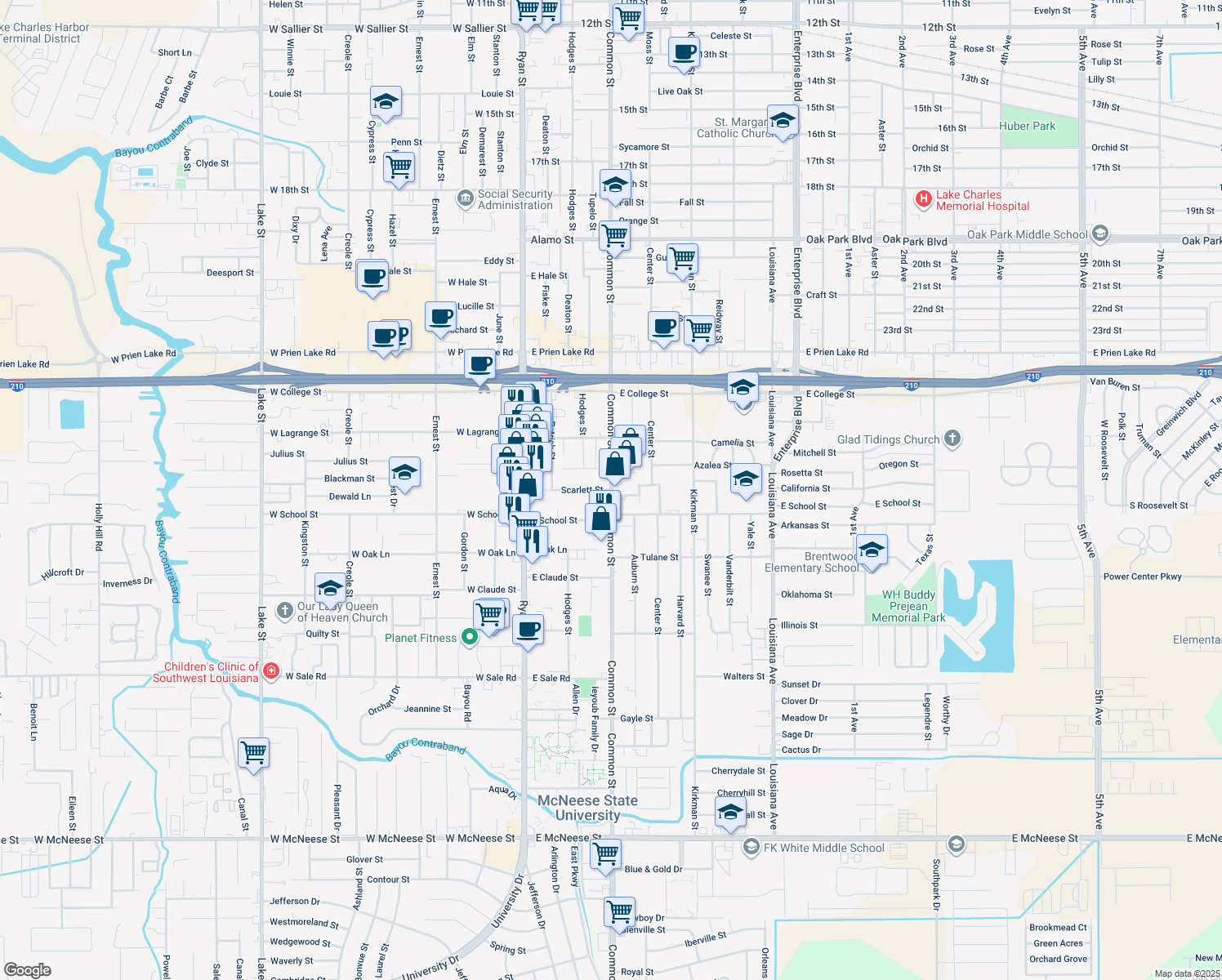map of restaurants, bars, coffee shops, grocery stores, and more near 599 Scarlett St in Lake Charles