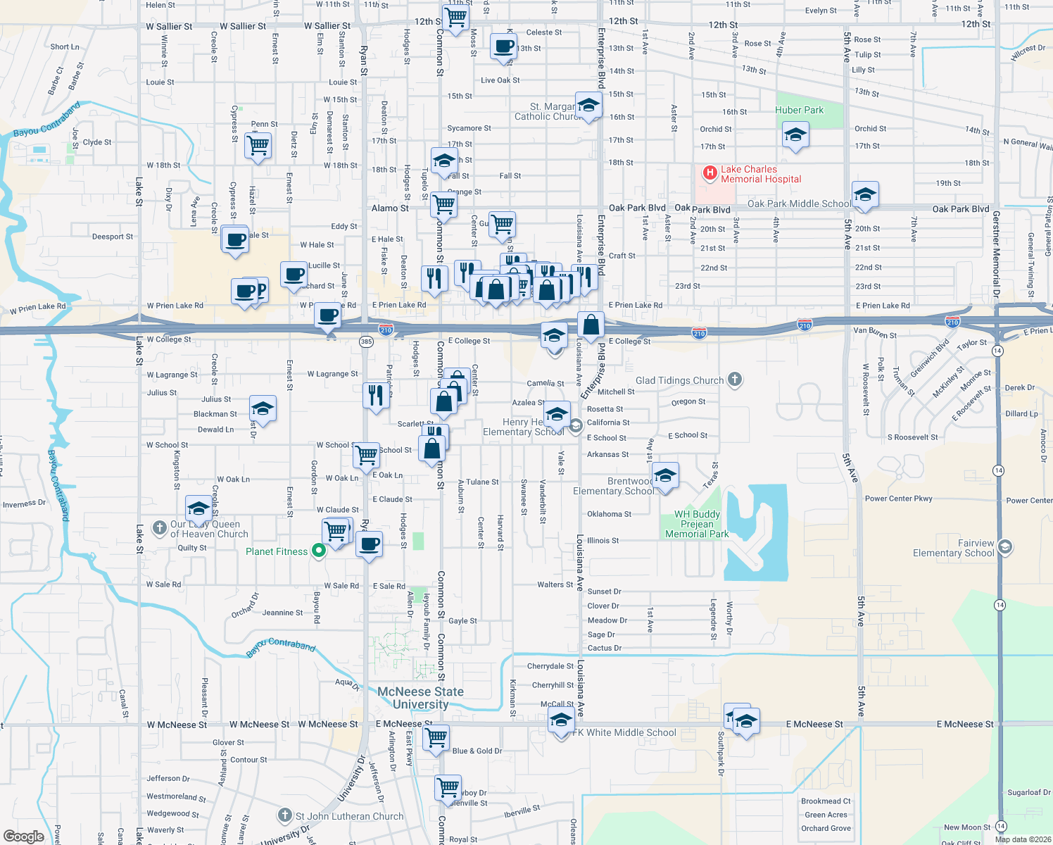 map of restaurants, bars, coffee shops, grocery stores, and more near 3608 Dover St in Lake Charles