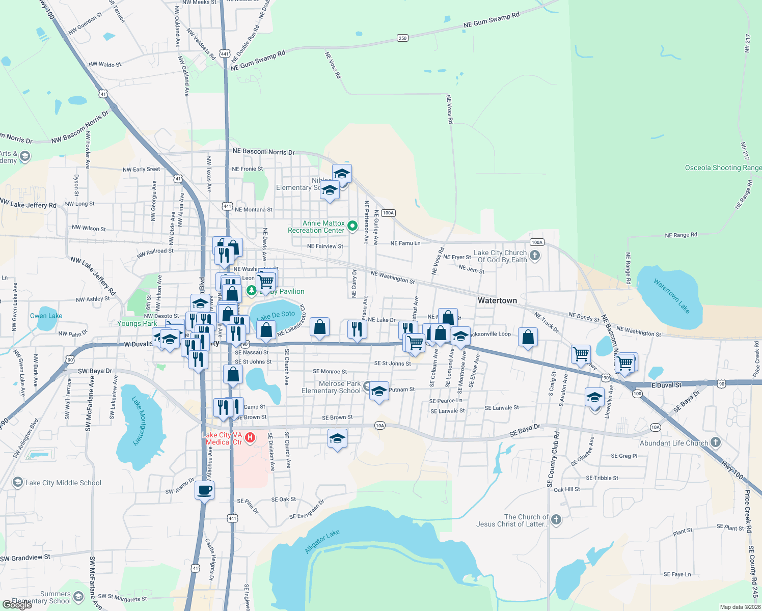 map of restaurants, bars, coffee shops, grocery stores, and more near 286 Northeast Anderson Terrace in Lake City